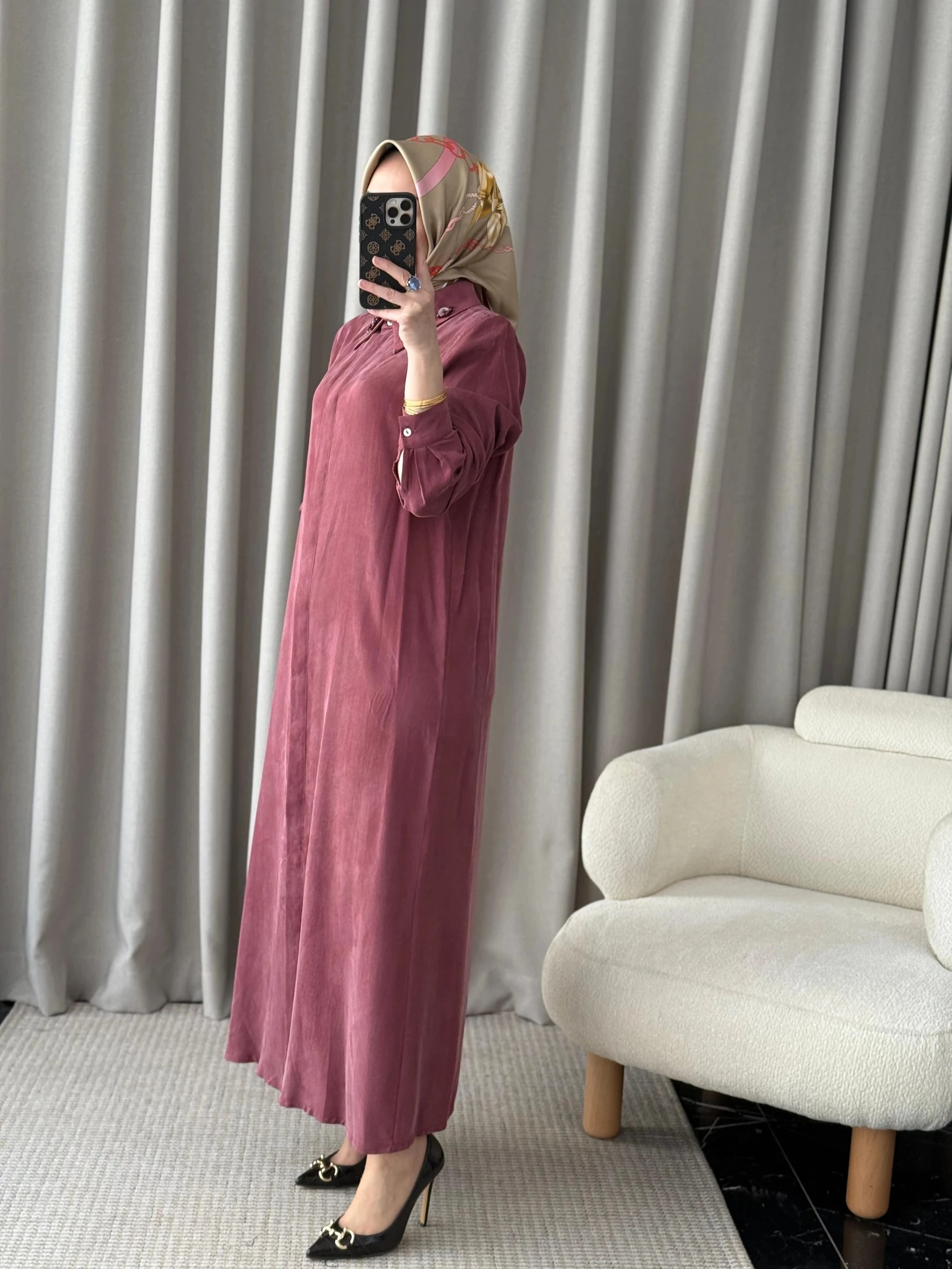 Qeffa Yakası Pullu Gömlek Elbise - Bordo