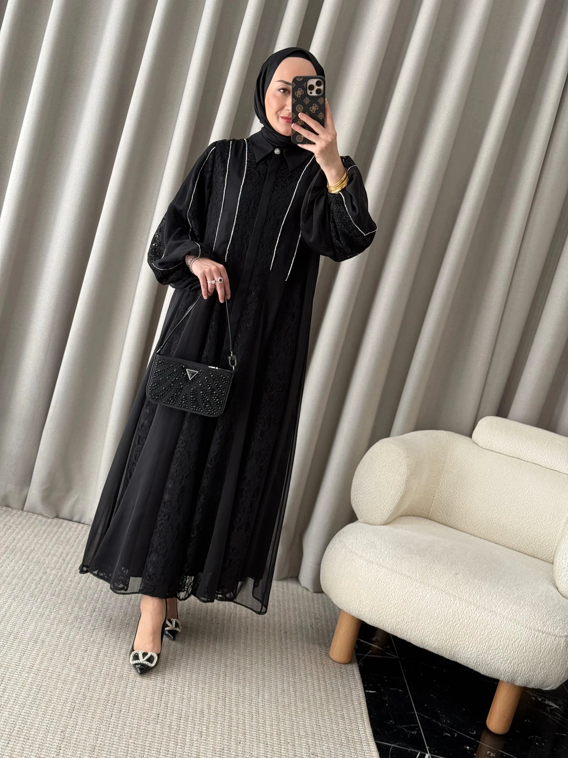 Qeffa Taşlı Güpürlü Elbise