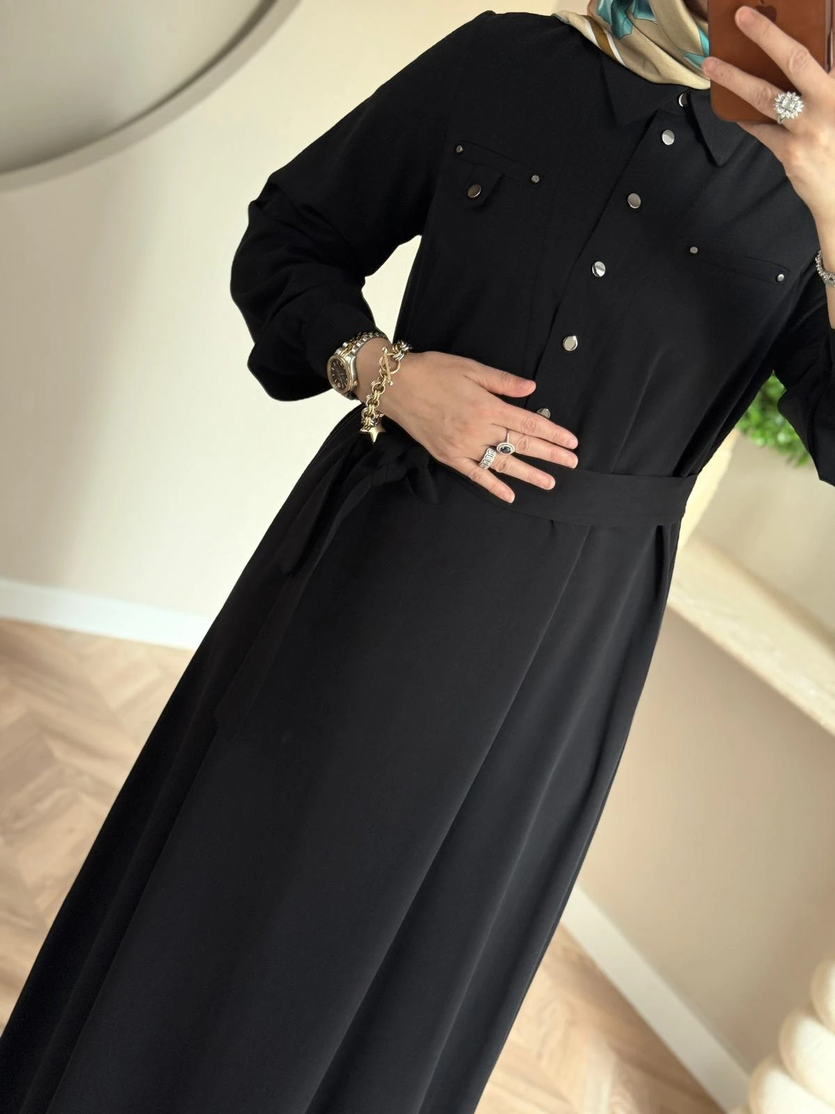 Nuss Cep Detaylı Tencel Elbise- Siyah