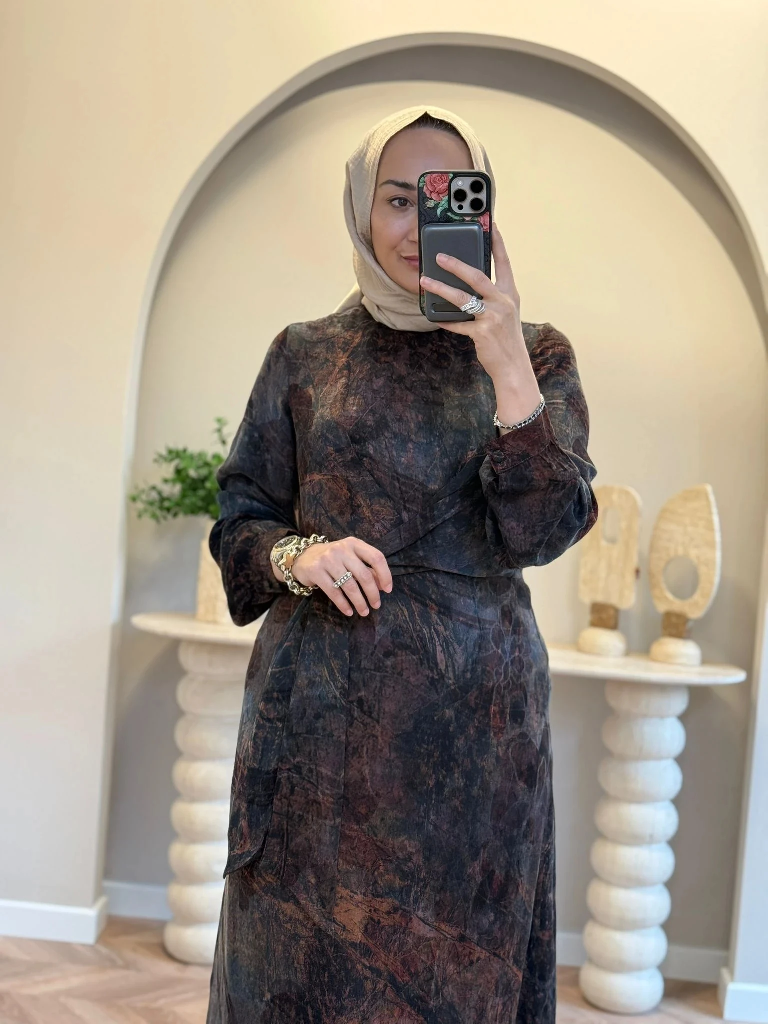 Nuss Bel Detaylı Desenli Elbise