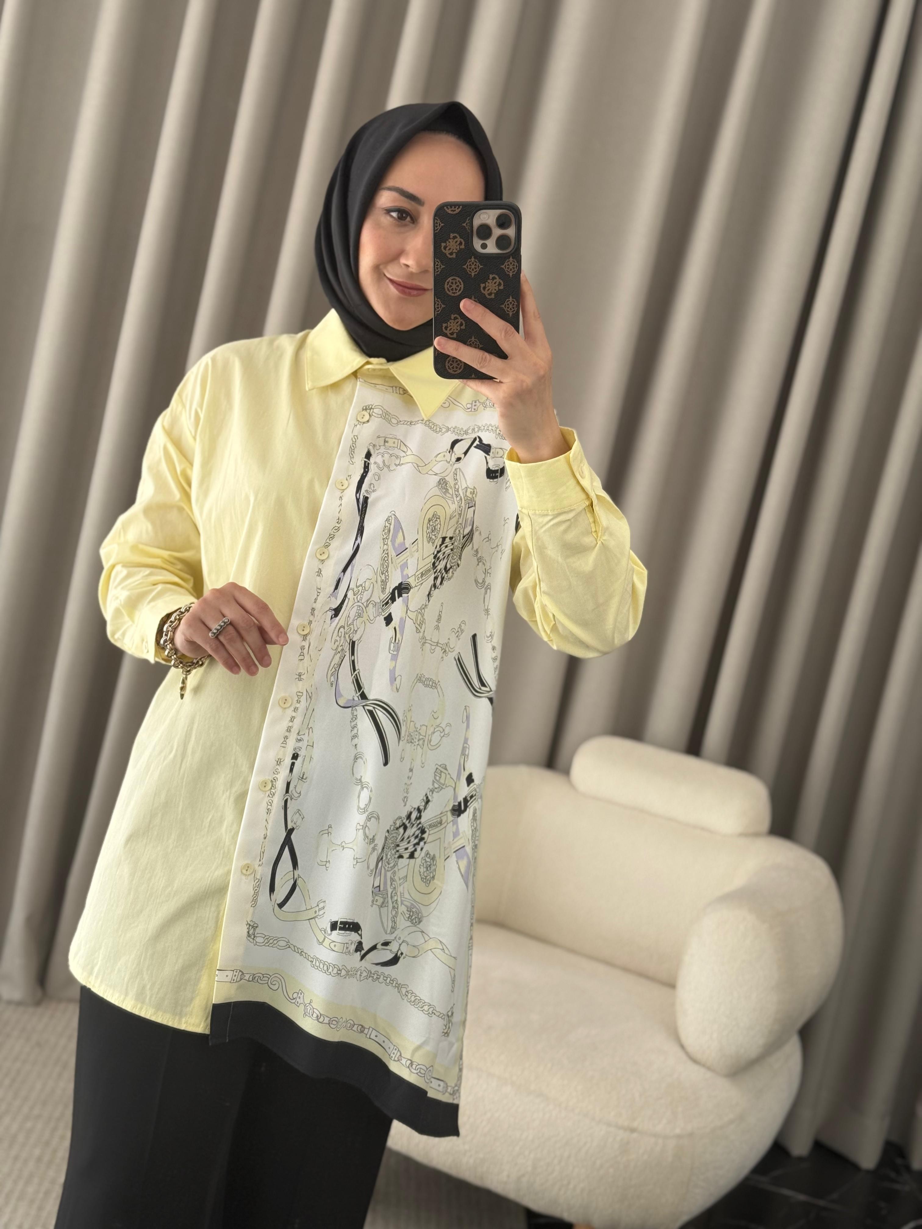 Asimetrik Şal Desenli Poplin Gömlek 