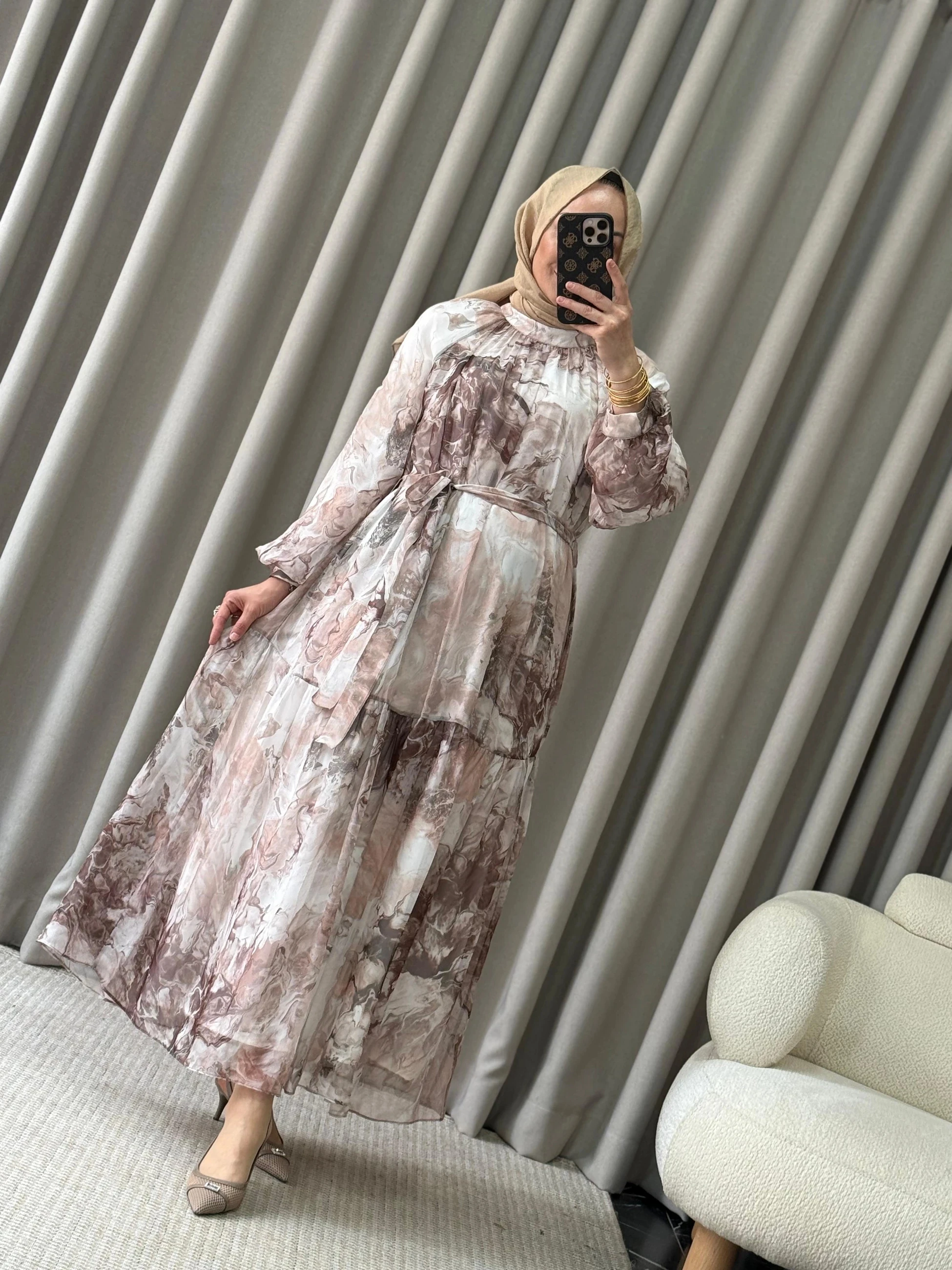 Kahma Desenli Elbise - Kahverengi