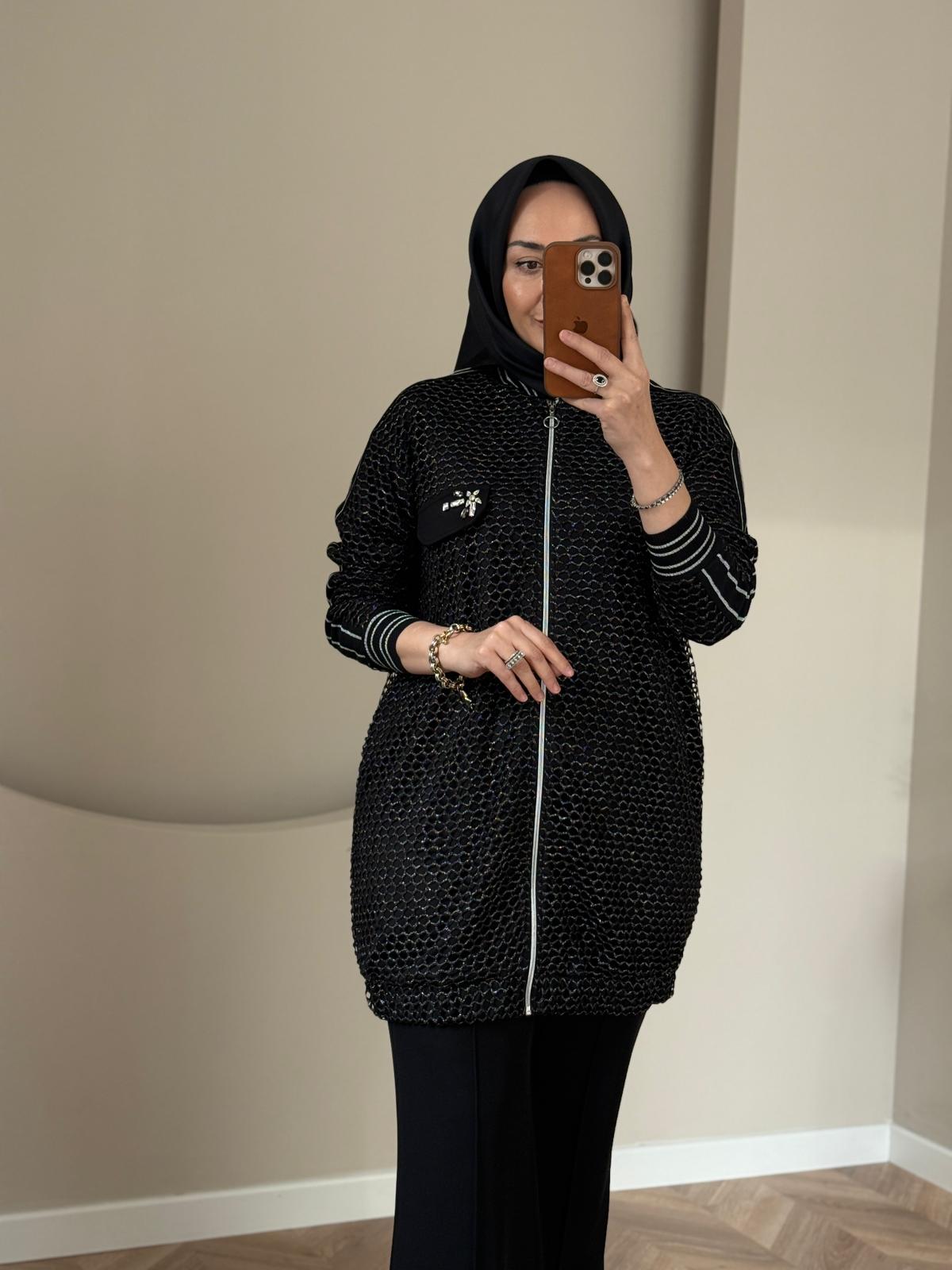 Tığ Triko Simli Bomber Kap- Siyah