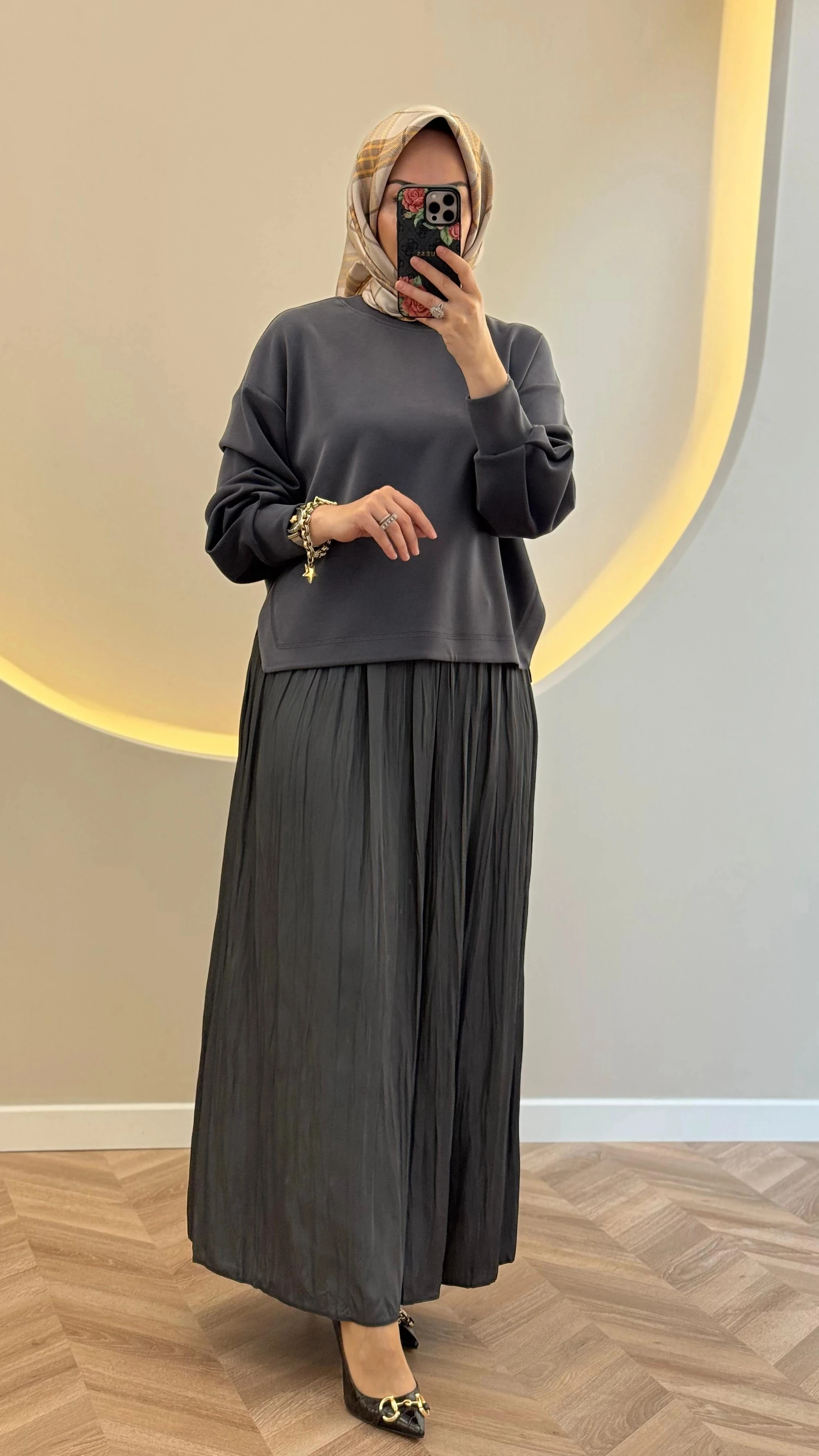 Tığ Triko Saten Kurdele Detaylı Etekli Takım - Antrasit