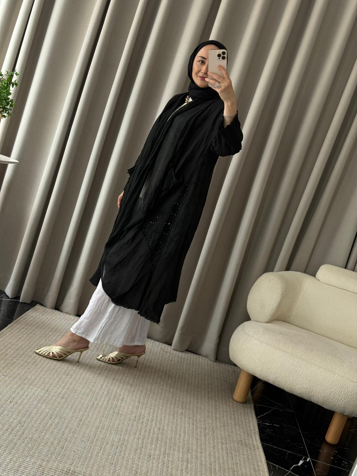 İthal Keten Asimetrik Kesim Kap - Siyah