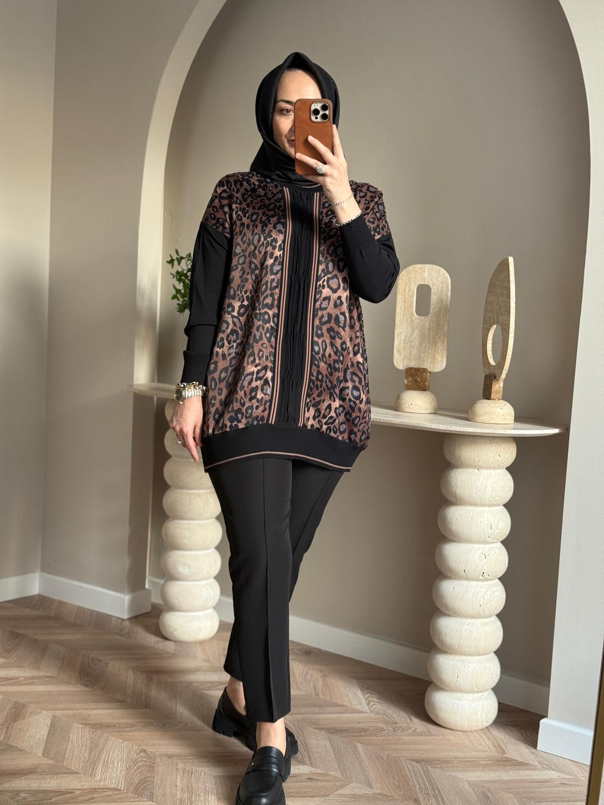 Ghisa Kahve Leopar İpek Saten Tunik - Kahve