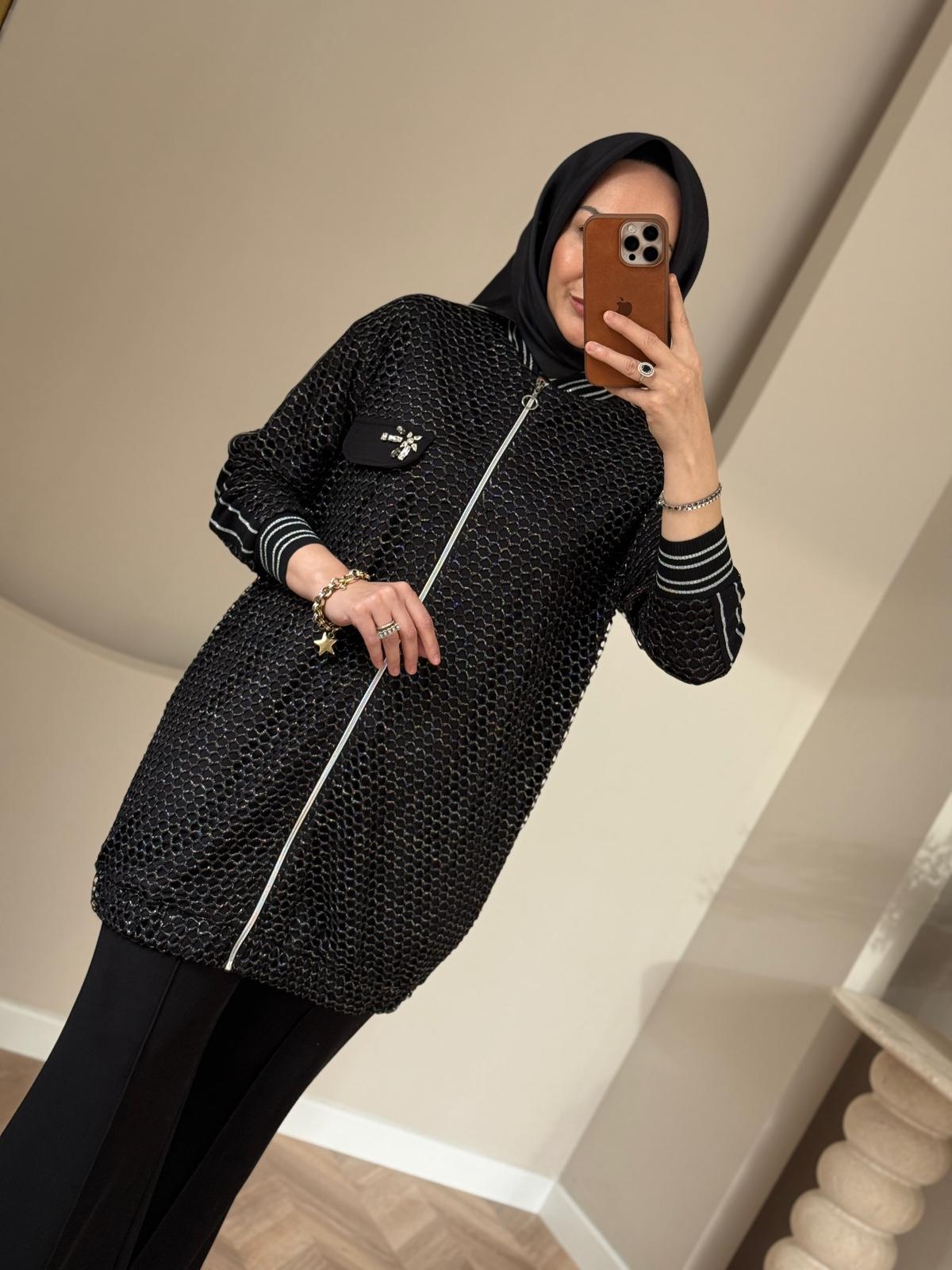 Tığ Triko Simli Bomber Kap- Siyah