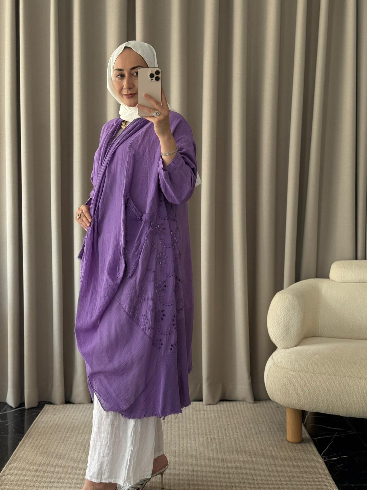 İthal Keten Asimetrik Kesim Kap - Mor