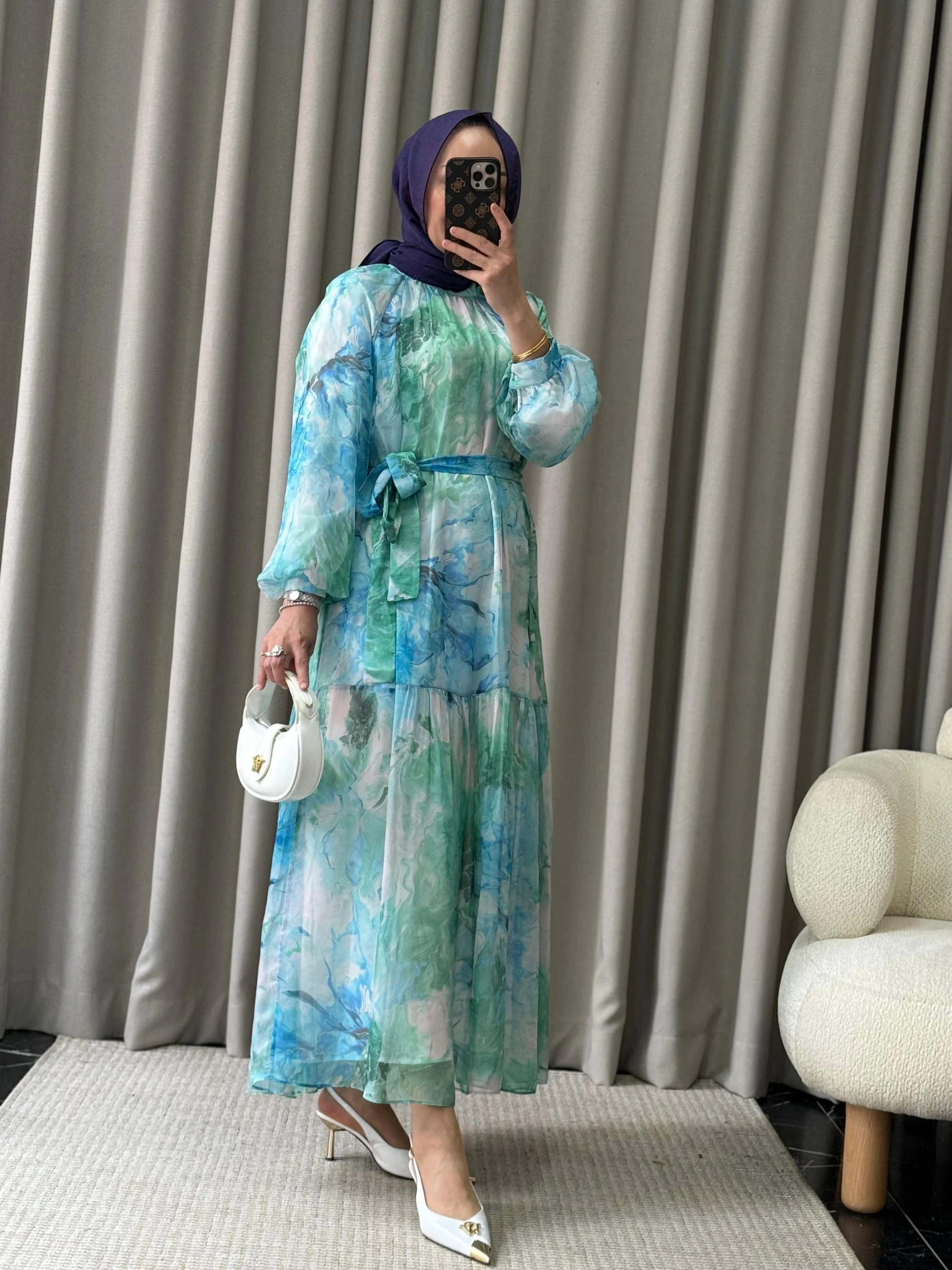 Kahma Desenli Elbise - Yeşil