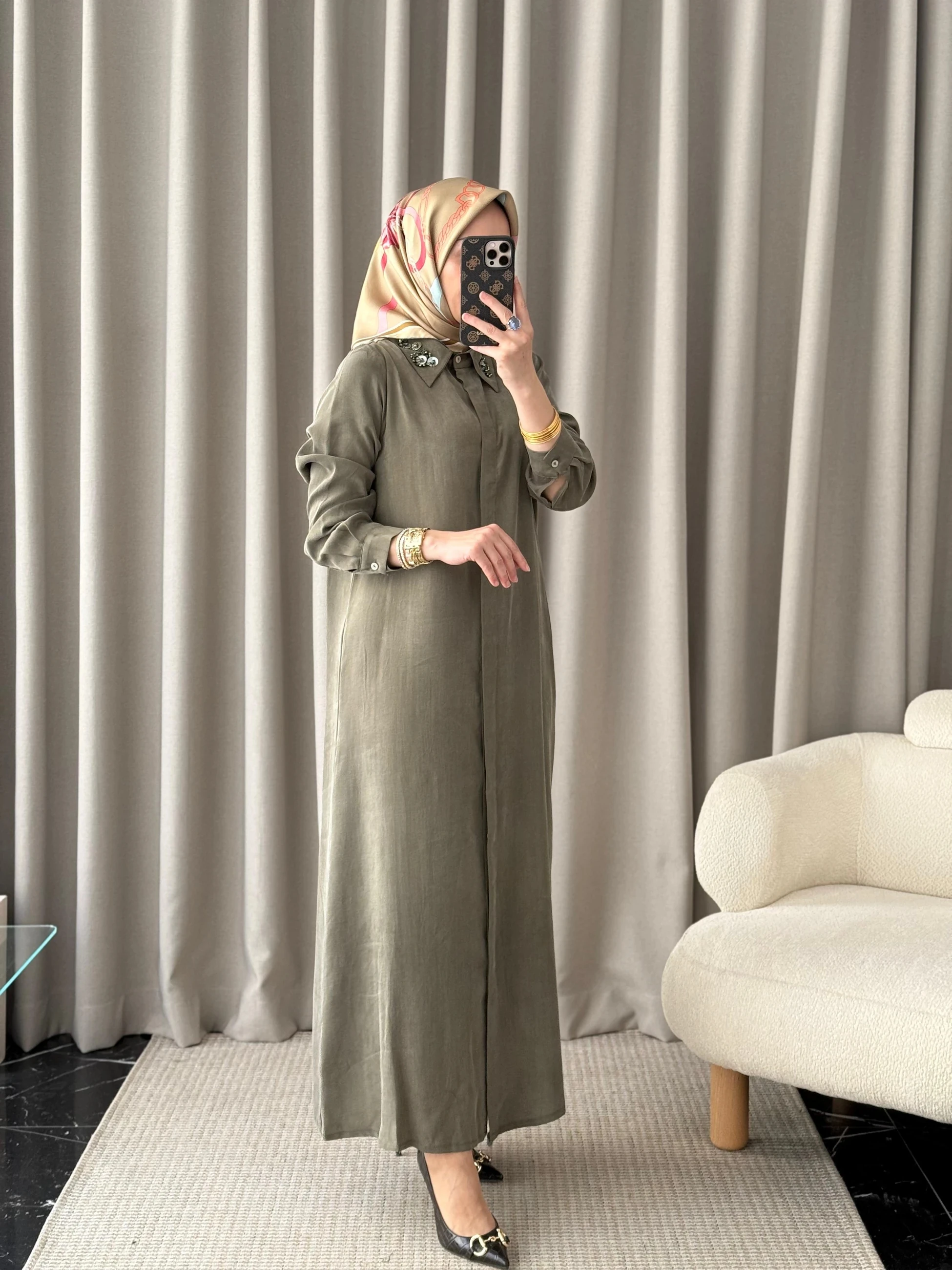 Qeffa Yakası Pullu Gömlek Elbise - Haki