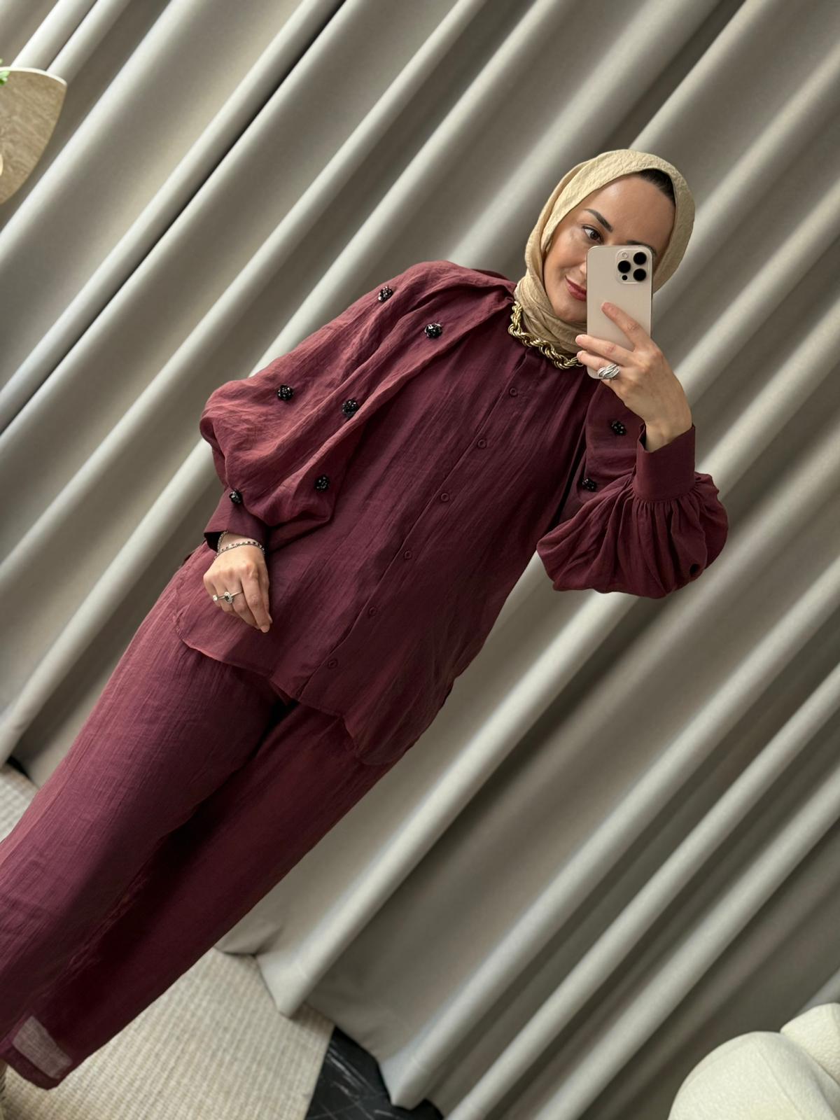 Kahma Boncuk Detay Gömlek - Bordo