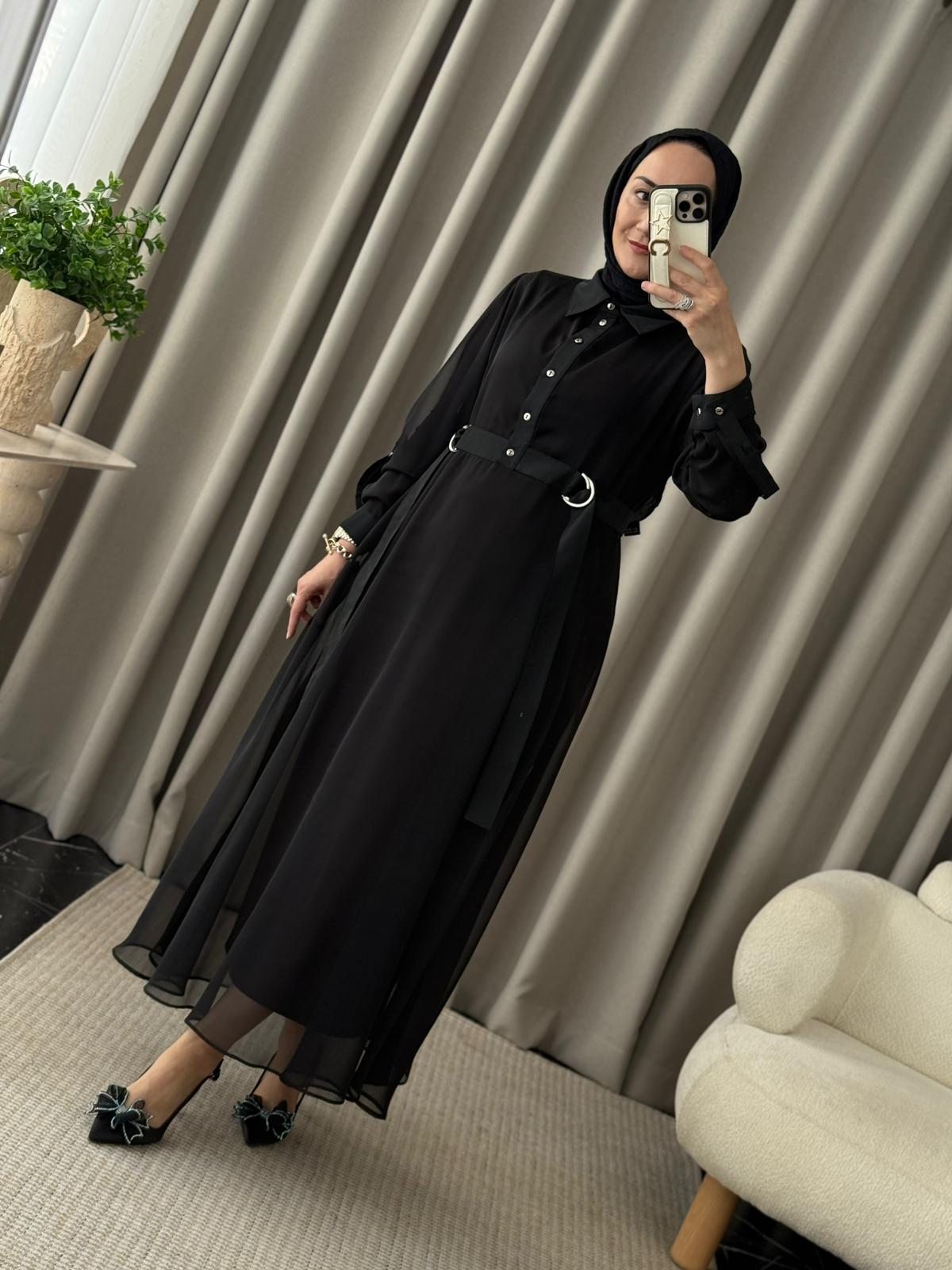 Kahma İkili Şifon Elbise - Siyah