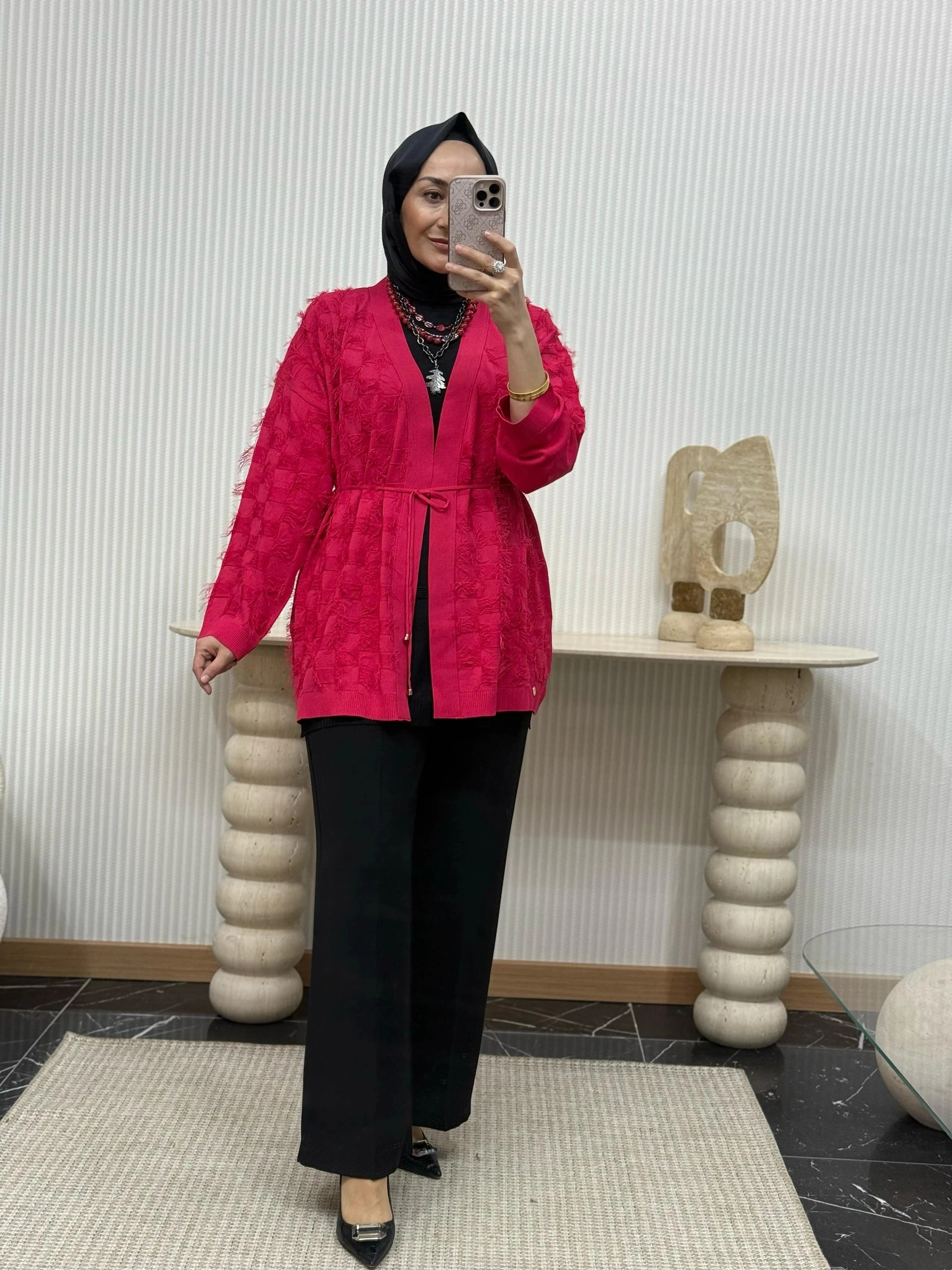 Ghisa Beli Bağlamalı Kırçıllı Hırka - Kırmızı