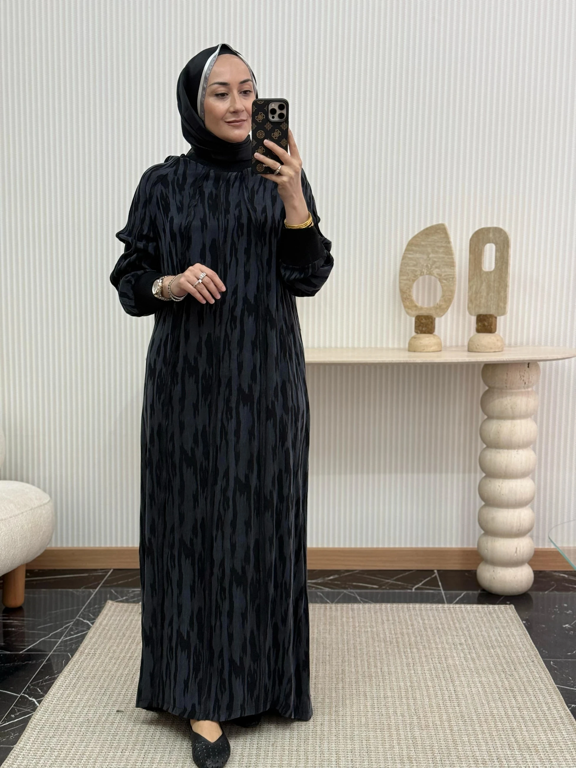 Qmash Desenli Elbise - Siyah