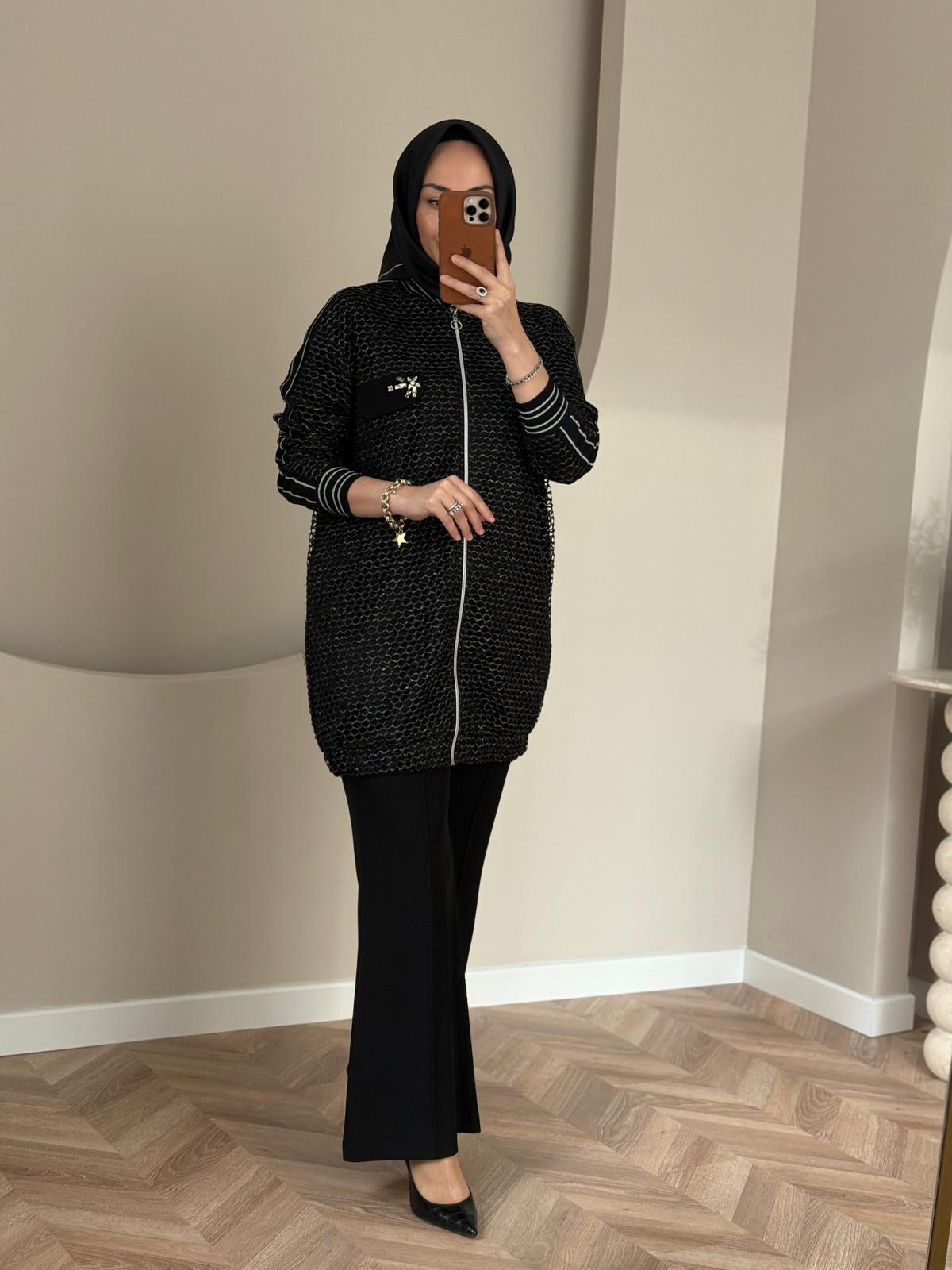 Tığ Triko Simli Bomber Kap- Siyah