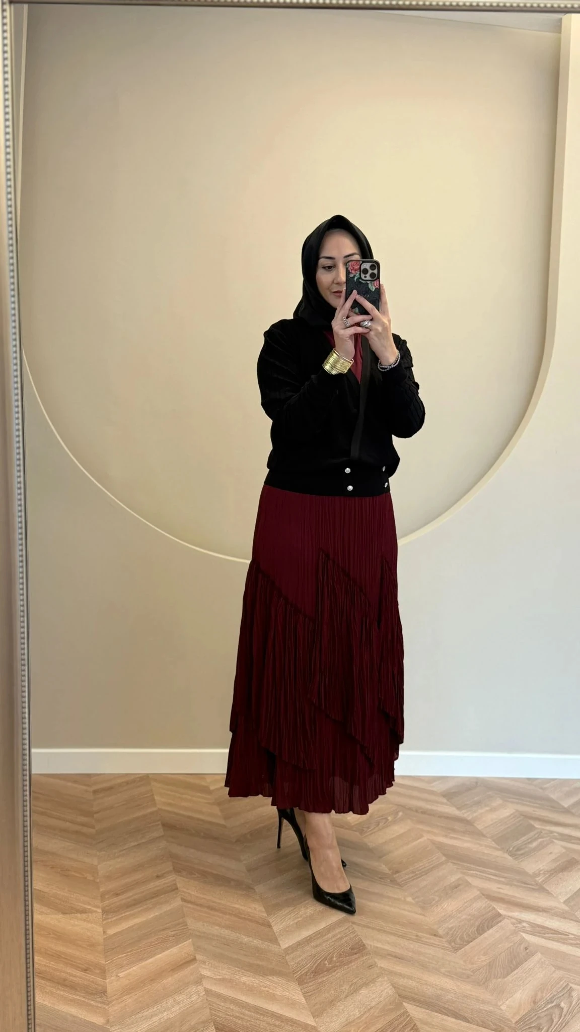 Sentez Viola Parçalı Kırıştırma Etek - Bordo