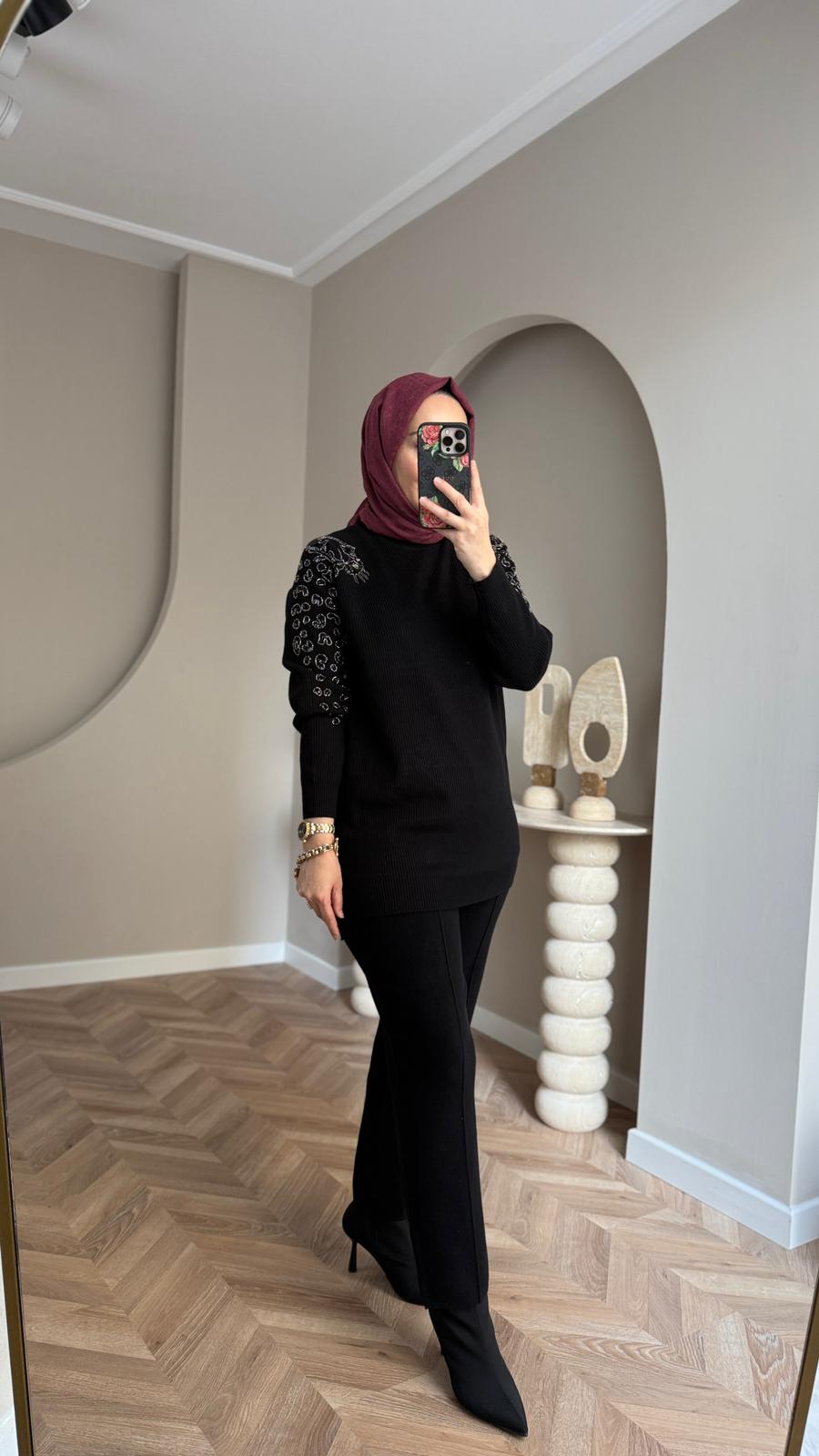 Tığ Triko Leopar Taş İşlemeli Takım