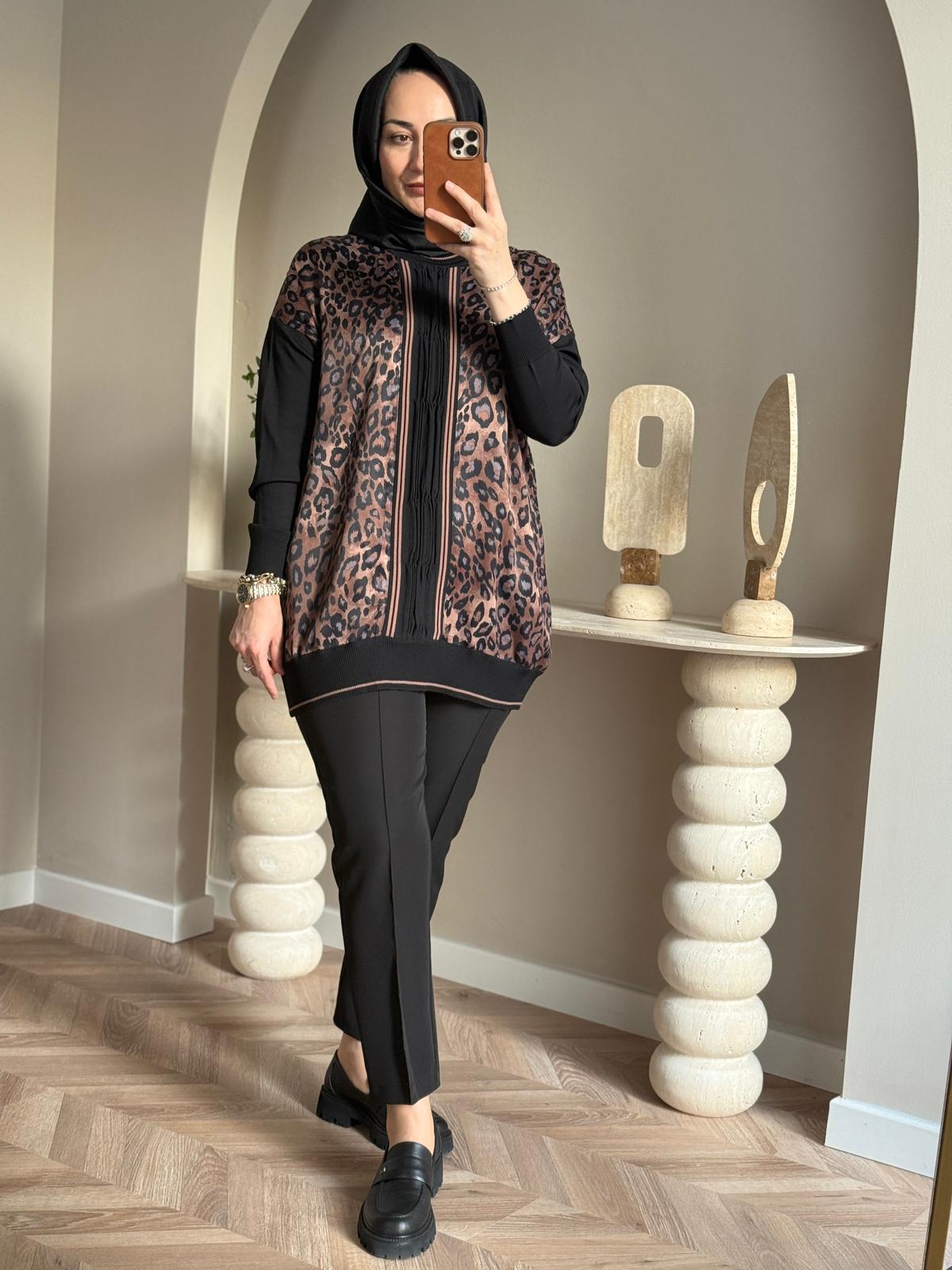 Ghisa Kahve Leopar İpek Saten Tunik - Kahve