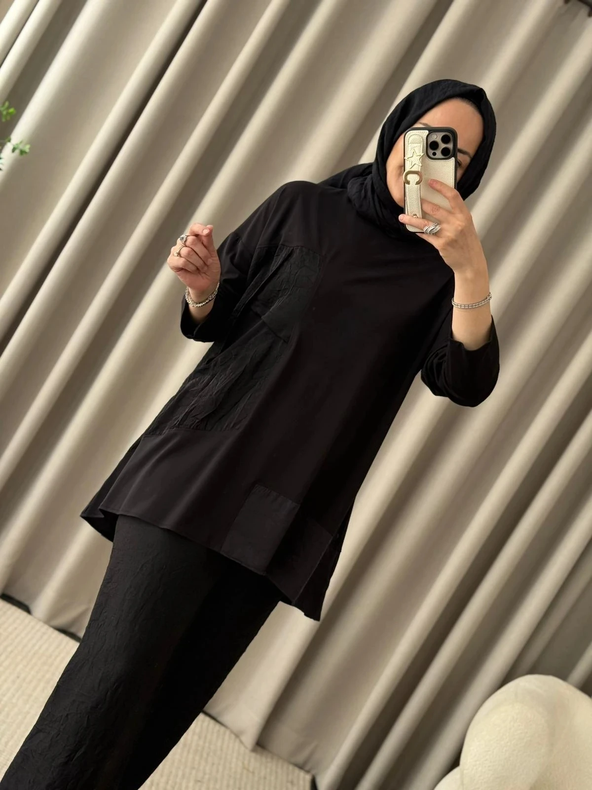 Tığ Triko Kraş Kombinli Asimetrik Takım - Siyah