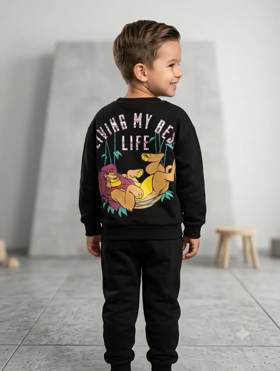 Aslan ve Tropikal Yaprak Desenli "LIVING MY BEST LIFE" Çocuk Eşofman Takımı