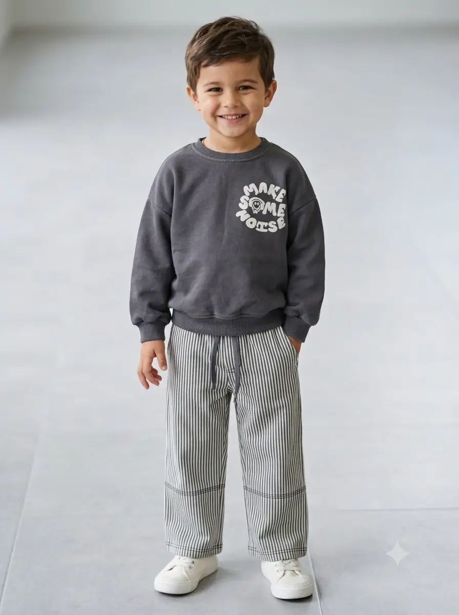 "MAKE SOME NOISE" Yazılı Erkek Çocuk Sweatshirt ve Çizgili Pantolon Takımı - Füme/Beyaz
