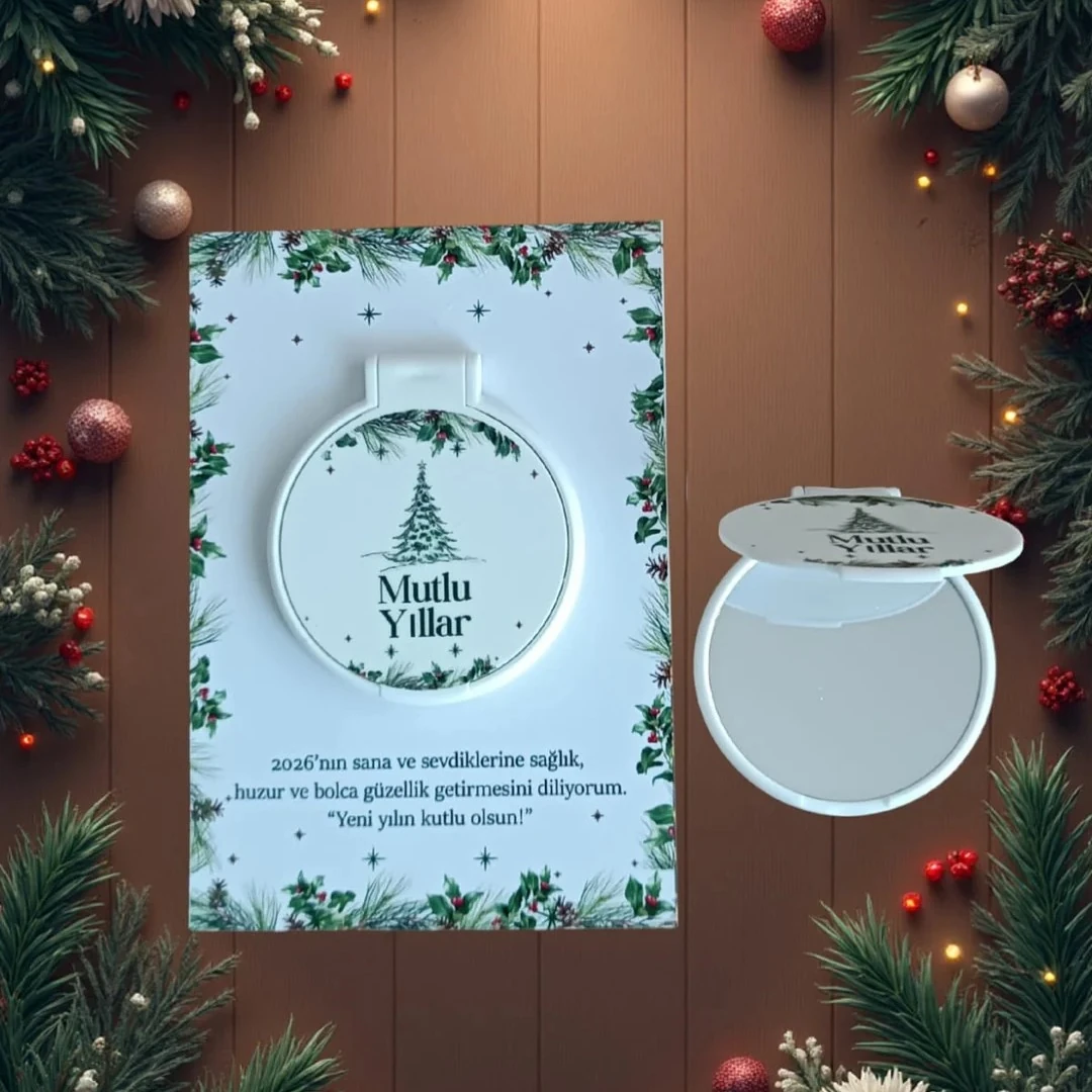 Yeni Yıl Kartlı Pleksi Ayna – Yılbaşı Temalı Mini Hediye Ayna, Mutlu Yıllar