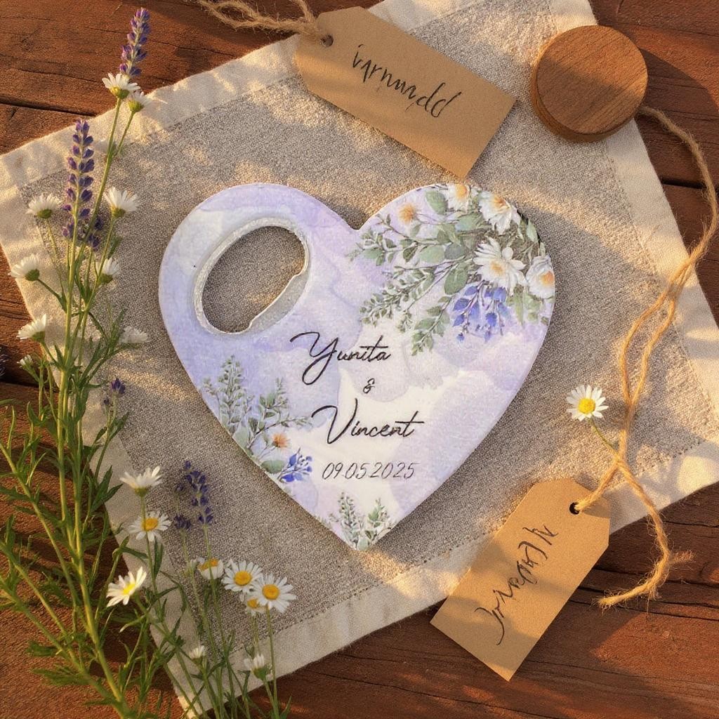 Kişiye Özel İsim ve Tarihli Kalp Şeklinde Yeşil / Lila Çiçek Desenli  Magnet - 78 x 83mm