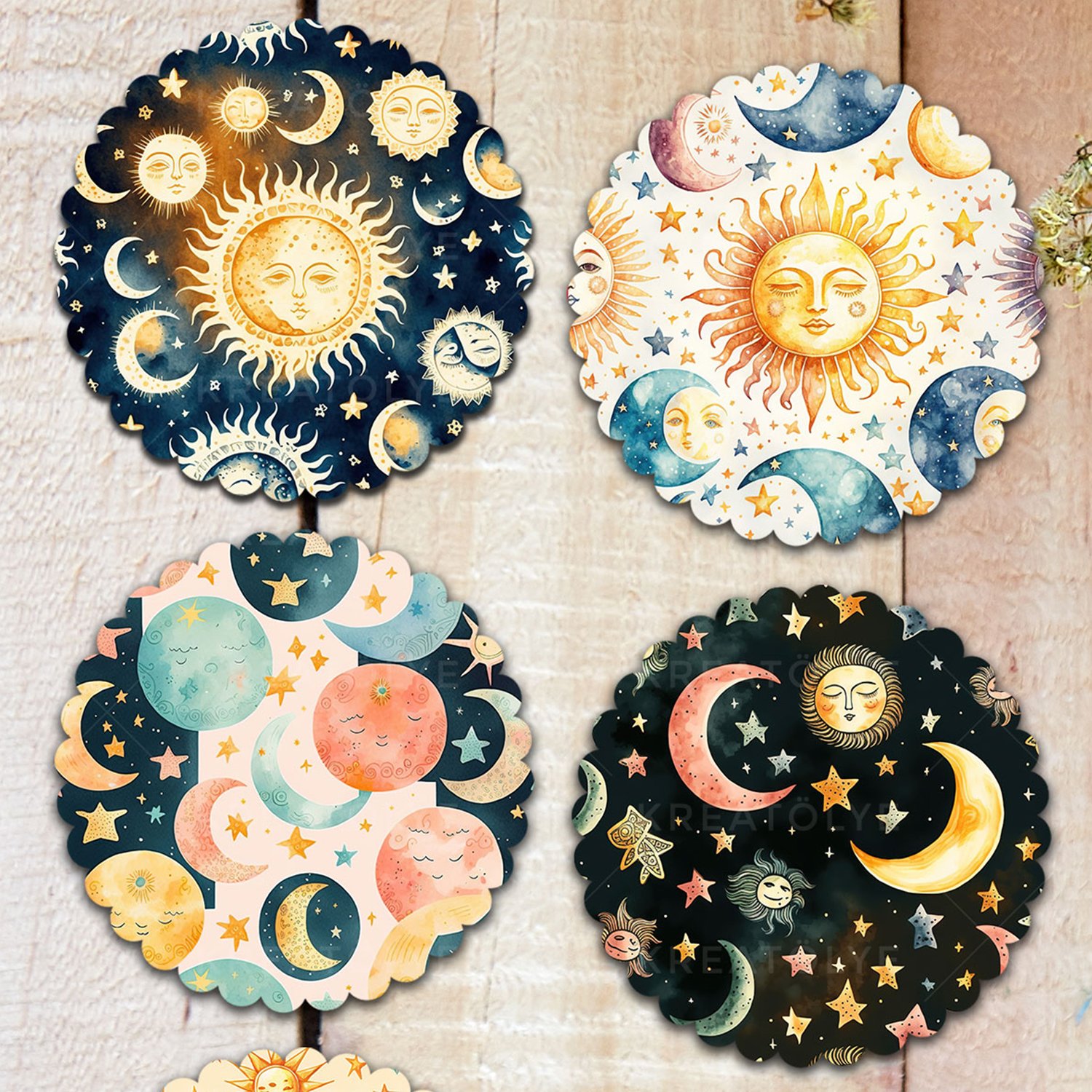 Boho Moon and Sun Lover 6'lı Ahşap MDF Bardak Altlığı Seti M4