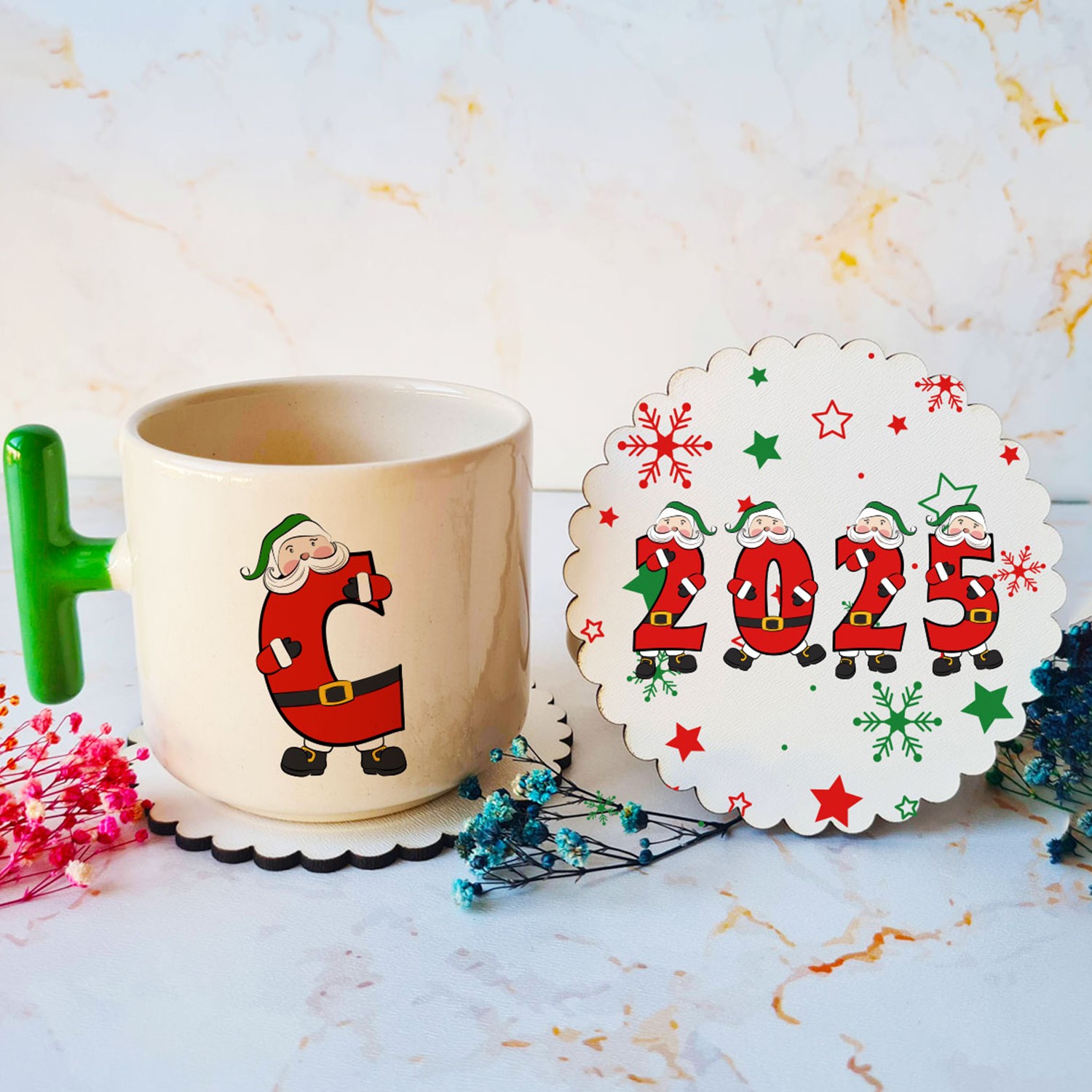 Yeni Yıl Özel Seri: C Harfli Kupa ve Bardak Altlığı Seti 🎄☕ 01