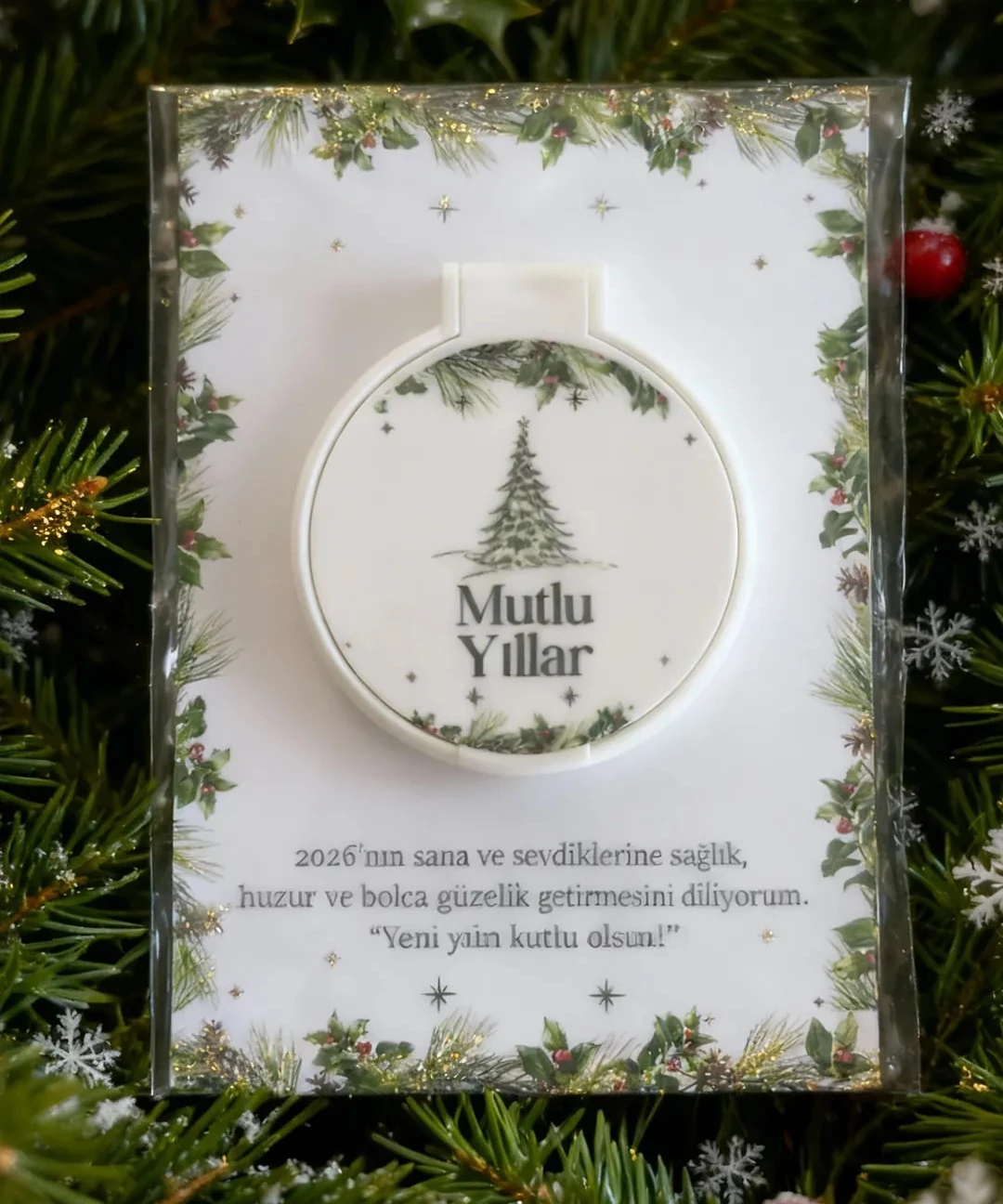 Yeni Yıl Kartlı Pleksi Ayna – Yılbaşı Temalı Mini Hediye Ayna, Mutlu Yıllar