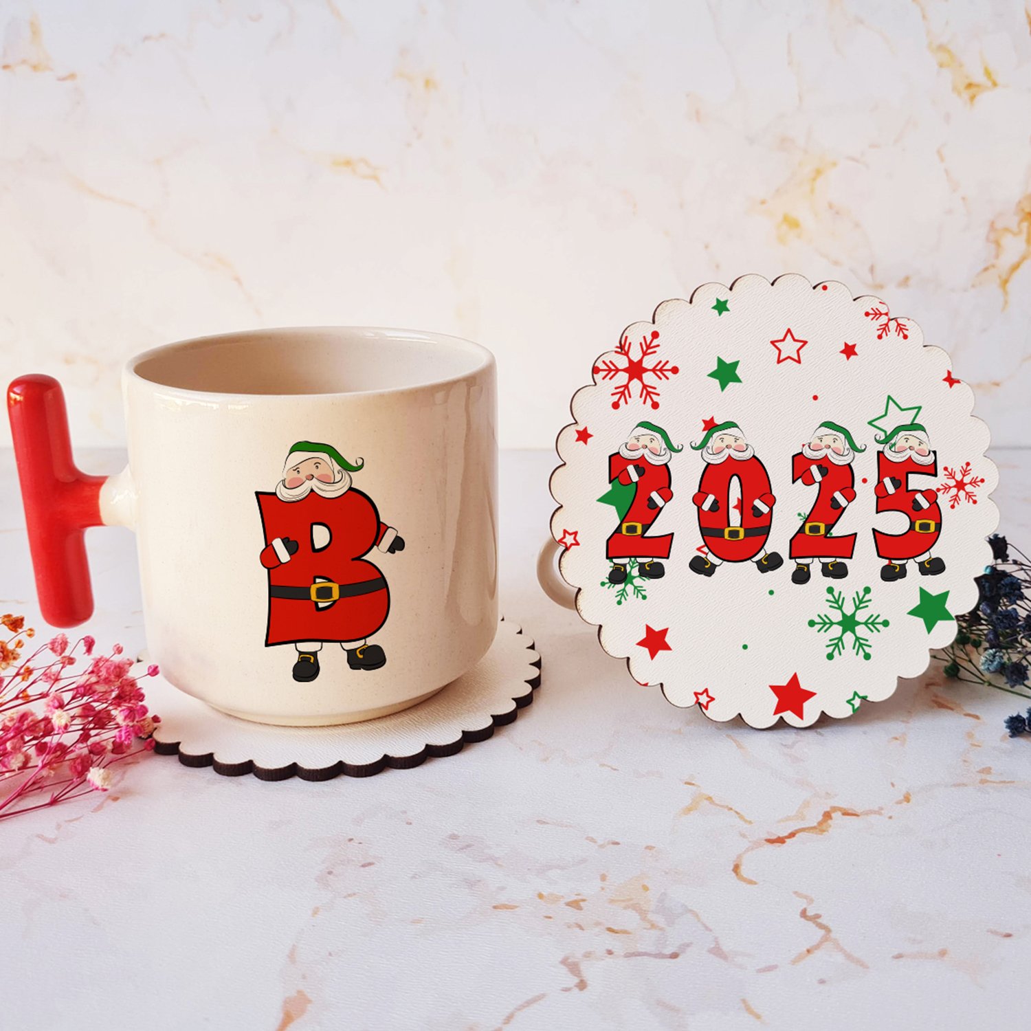 Yeni Yıl Özel Seri: B Harfli Kupa ve Bardak Altlığı Seti 🎄☕ 02