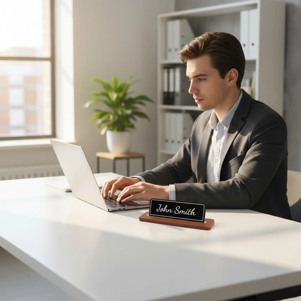 Alya Deri Masa İsimliği Taba Krom Detaylı, Modern Ofis Masa Aksesuarı, Premium Kalitede Suni Deri, Kişiselleştirilebilir Masa İsimliği, Şık ve Dayanıklı Tasarım, Uzun Ömürlü Profesyonel Ofis Hediyesi