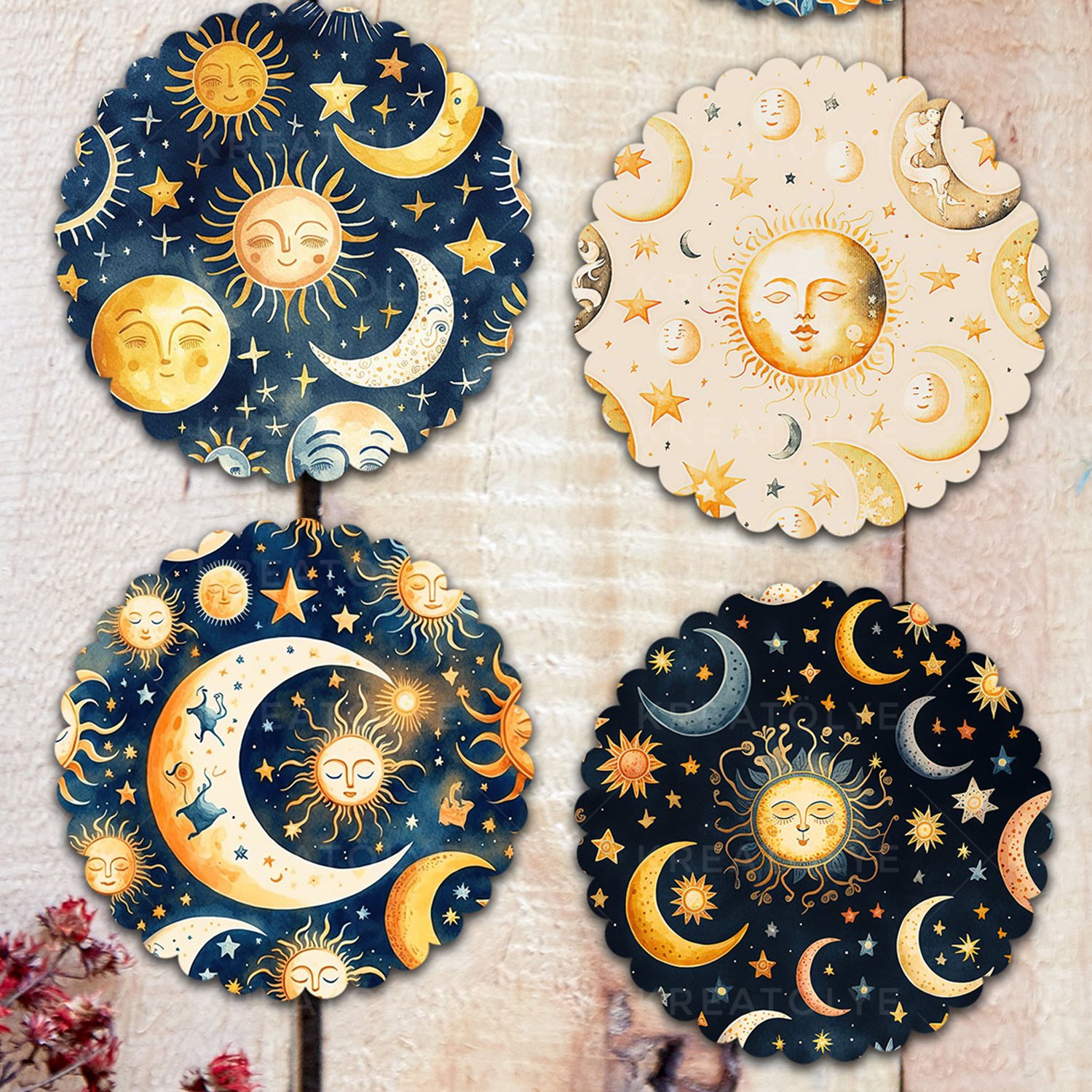 Boho Moon and Sun Lover 6'lı Ahşap MDF Bardak Altlığı Seti M2