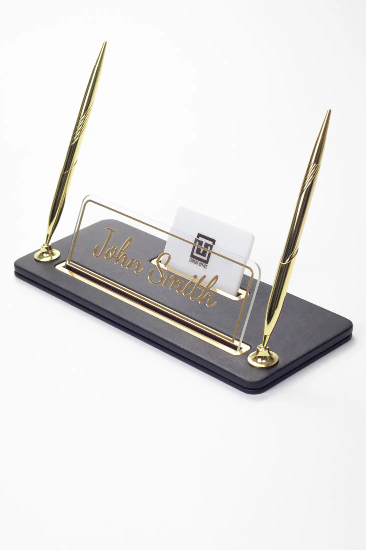 Capella İki Kalemli Deri Masa İsimliği Düz Siyah Gold Detaylı, Şık ve Zarif Ofis Masa Aksesuarı, Premium Kalitede Kişiye Özel Deri İsimlik Hediyesi