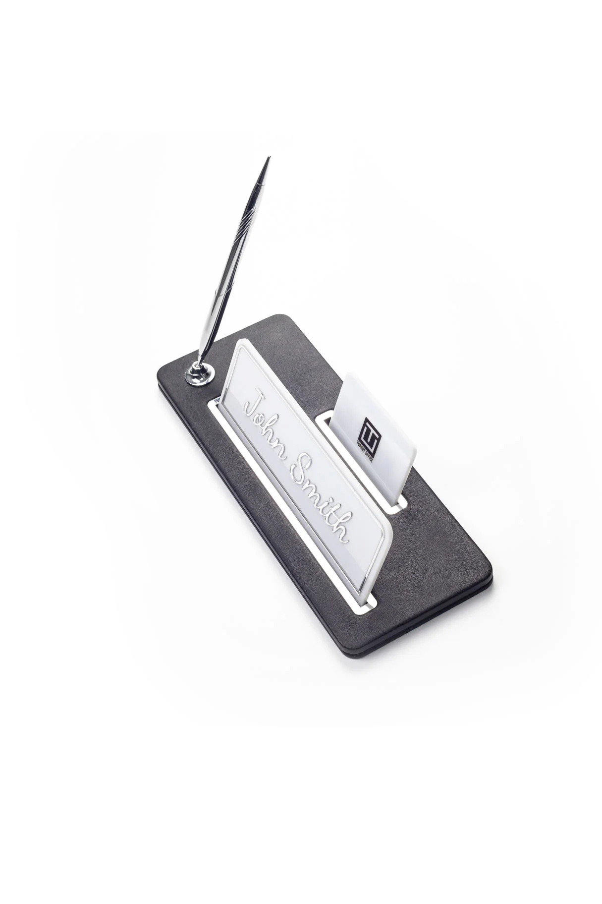 Cavalli Tek Kalemli Deri Masa İsimliği Düz Siyah Krom Detaylı, Minimal ve Şık Ofis Masa Aksesuarı, Premium Kalitede Kişiye Özel Deri İsimlik Hediyesi