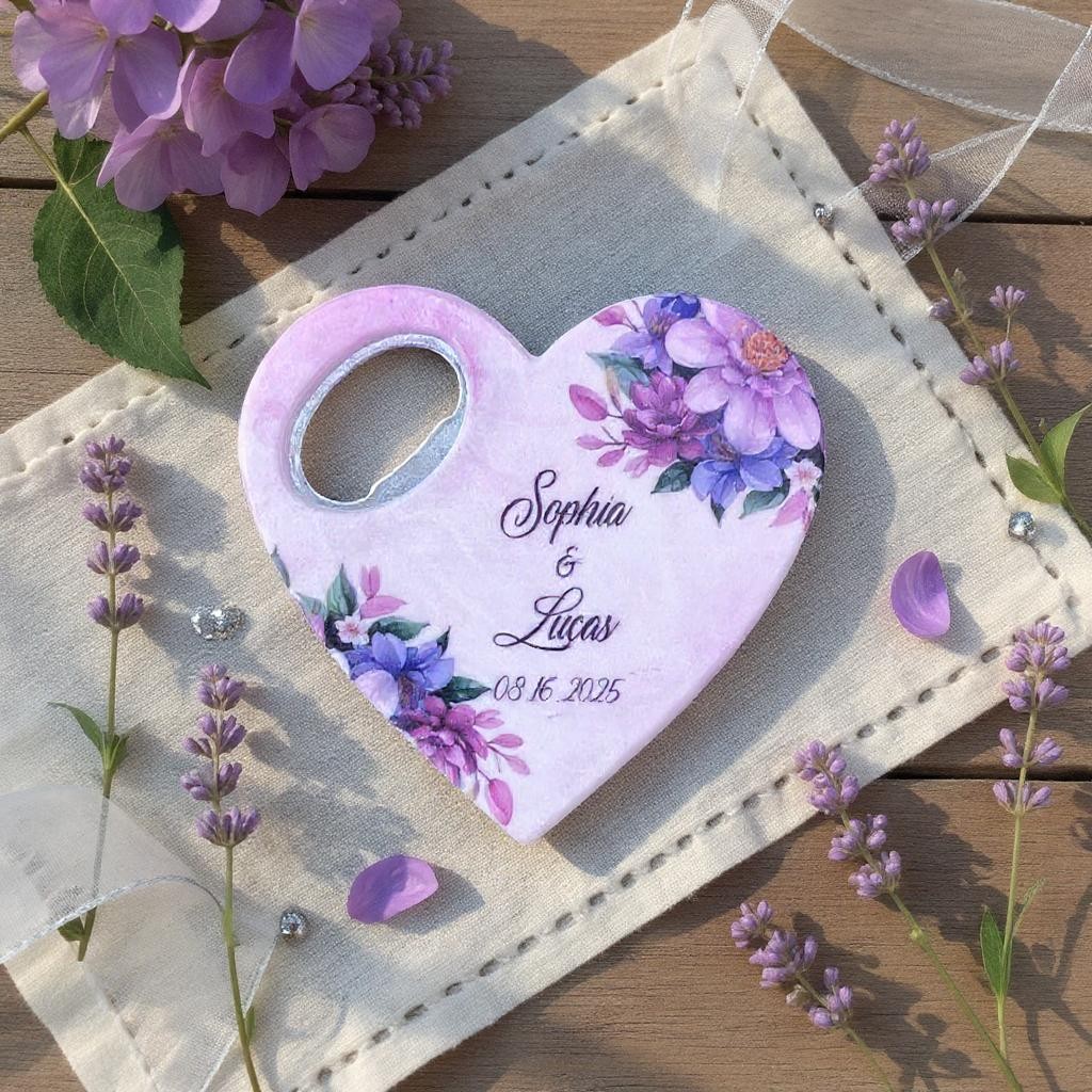 Kişiye Özel İsim ve Tarihli Kalp Şeklinde Mor Çiçek Desenli Magnet - 78 x 83mm