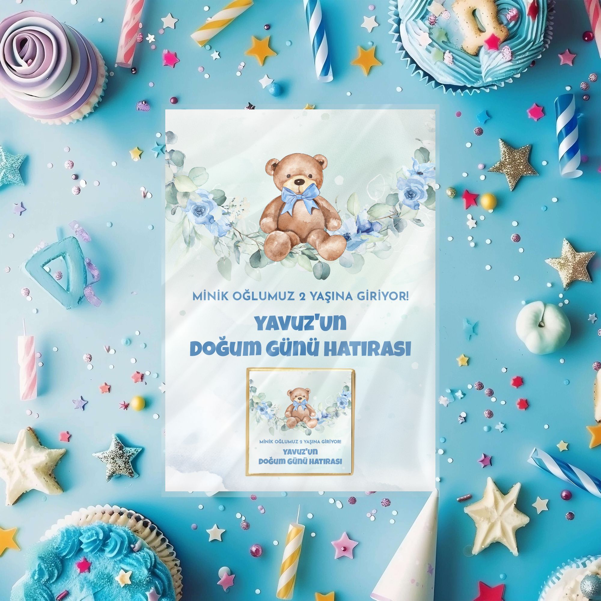 Kartlı Ayıcık Temalı Kişiye Özel Doğum Günü Çikolatası – Erkek Bebek 1 Yaş & 2 Yaş Hediyelikleri
