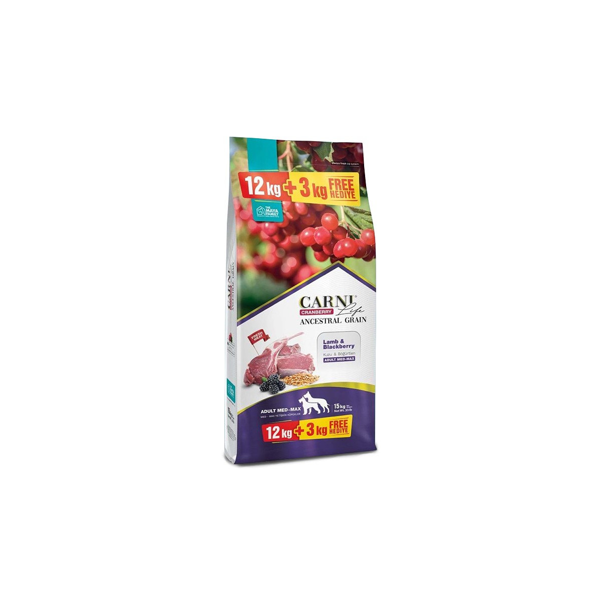 Carni Life Cranberry Ancestral Grain Düşük Tahıllı Kuzu Etli Böğürtlenli Köpek Maması – 12+3 kg 