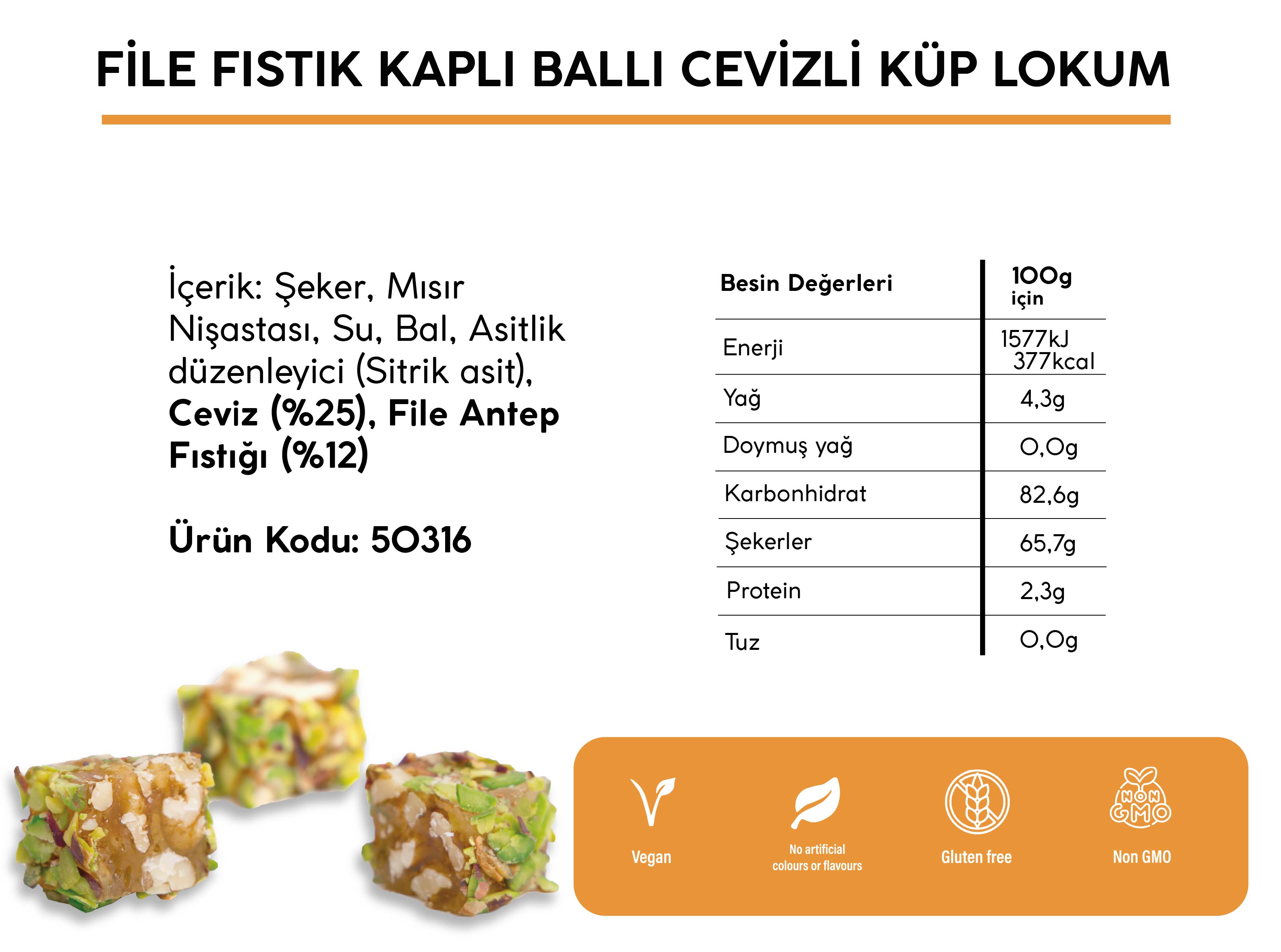 FİLE FISTIK KAPLI BALLI CEVİZLİ KÜP LOKUM (5KG)