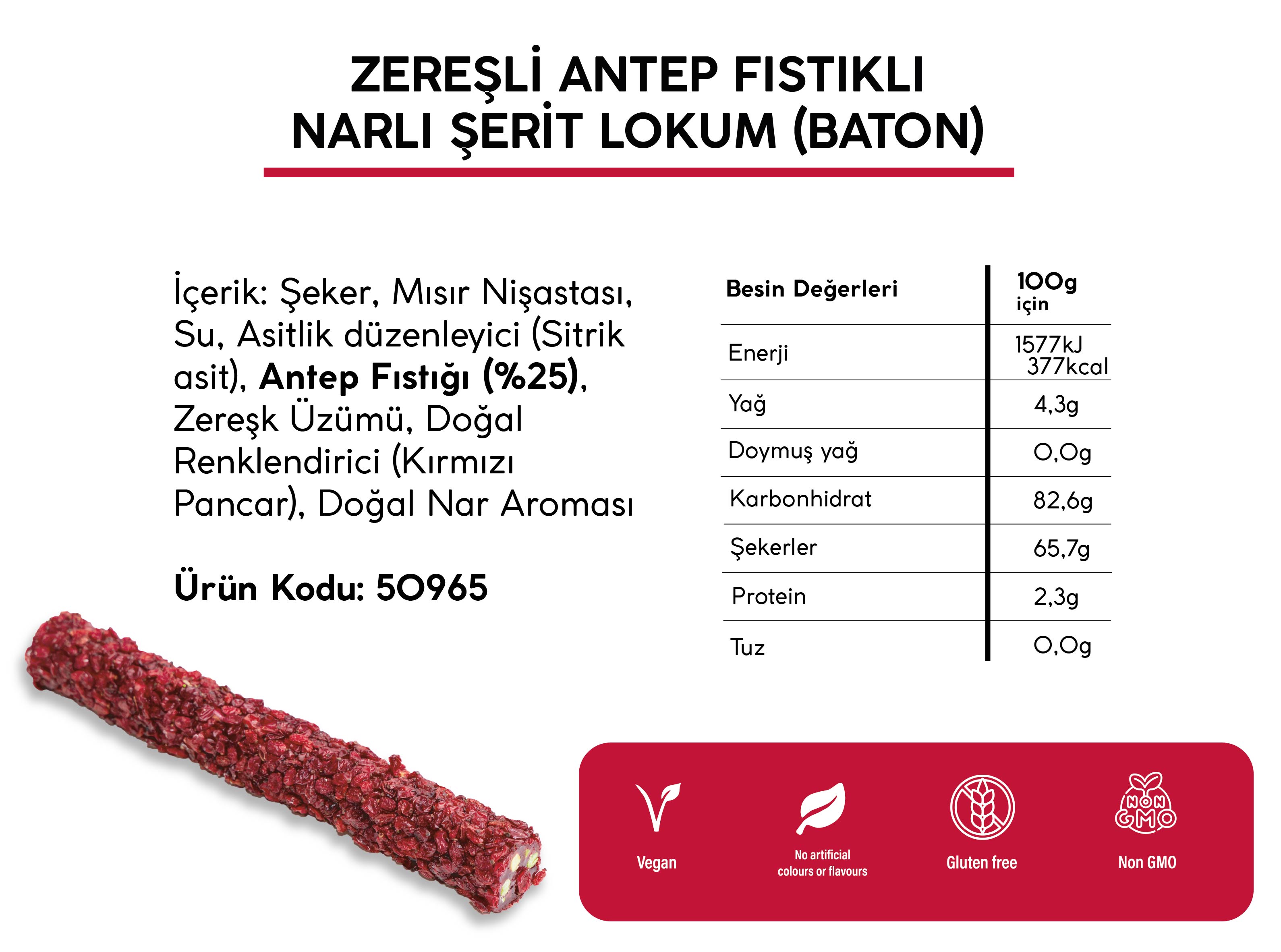 ZEREŞ KAPLI NARLI ANTEP FISTIKLI ŞERİT LOKUM *BATON* (5KG)