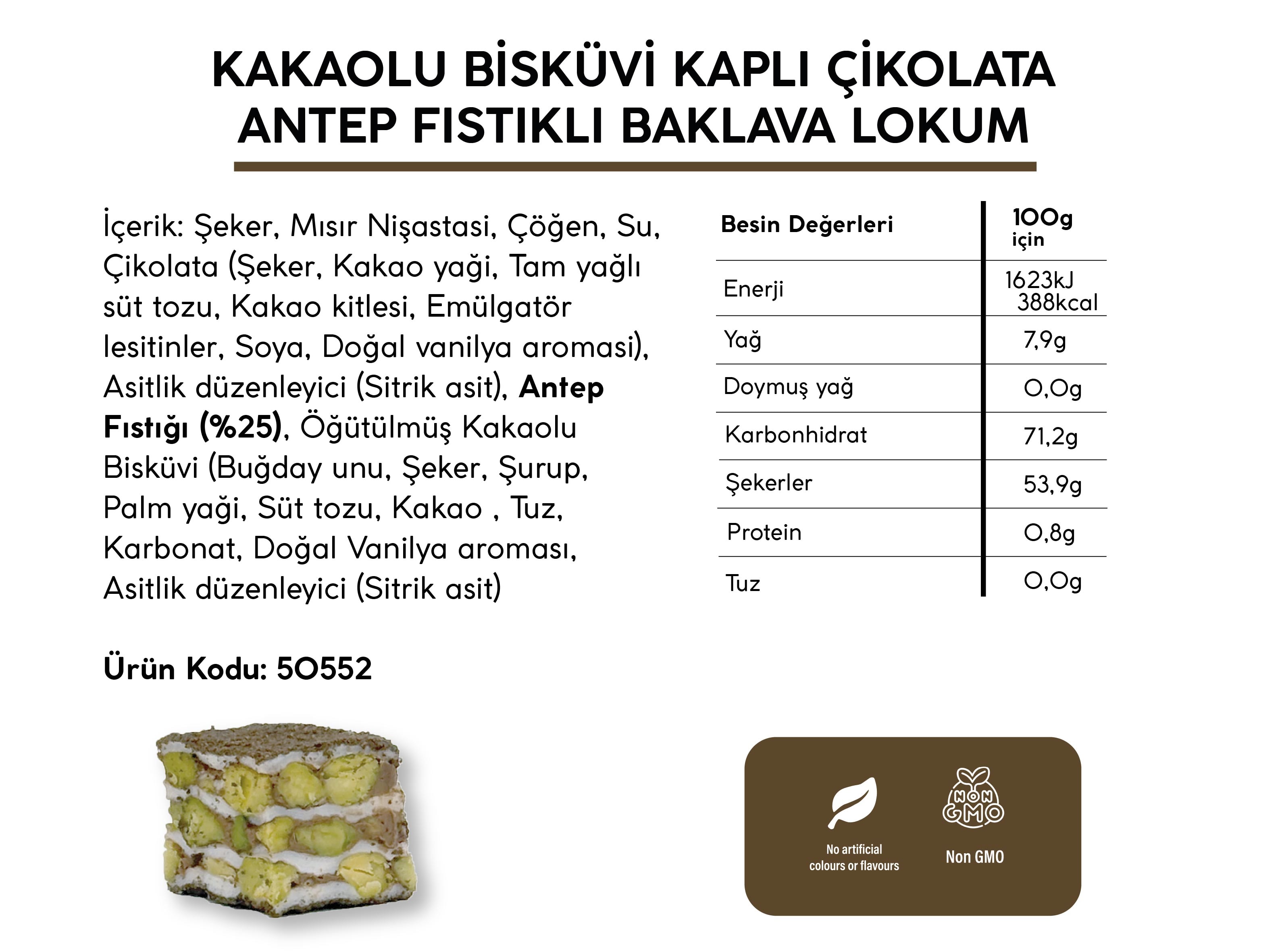 KAKAOLU BİSKÜVİ KAPLI ÇİKOLATA ANTEP FISTIKLI BAKLAVA LOKUM (5KG)
