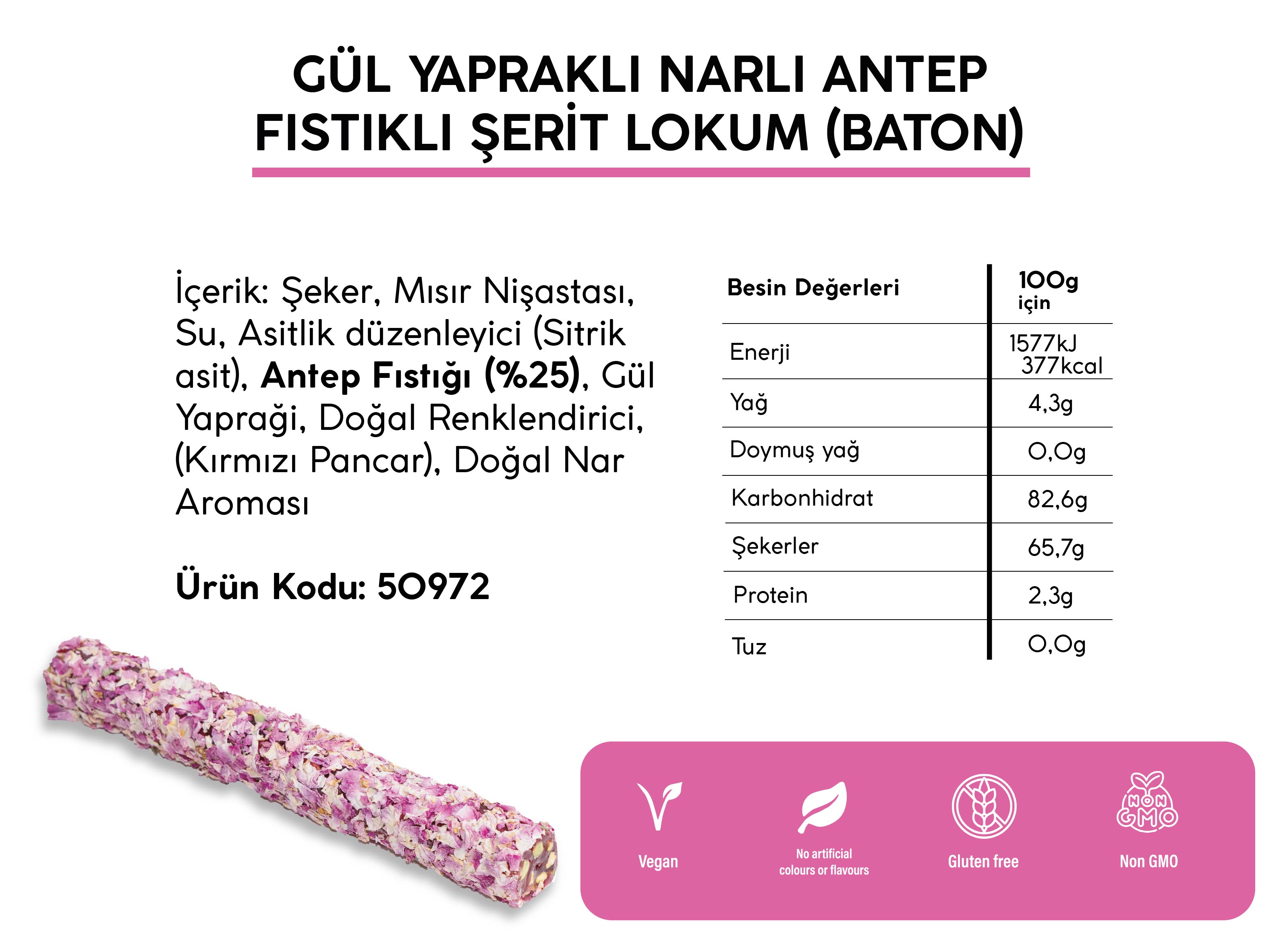 GÜL YAPRAK KAPLI NARLI ANTEP FISTIKLI ŞERİT LOKUM *BATON* (5KG)