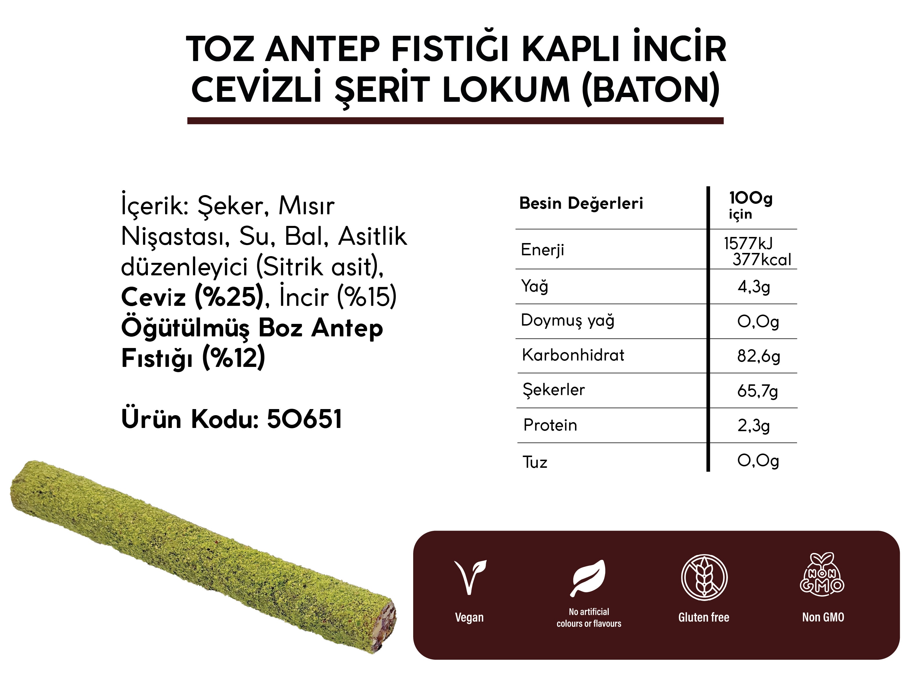 TOZ ANTEP FISTIĞI KAPLI İNCİR CEVİZLİ ŞERİT LOKUM *BATON* (5KG)