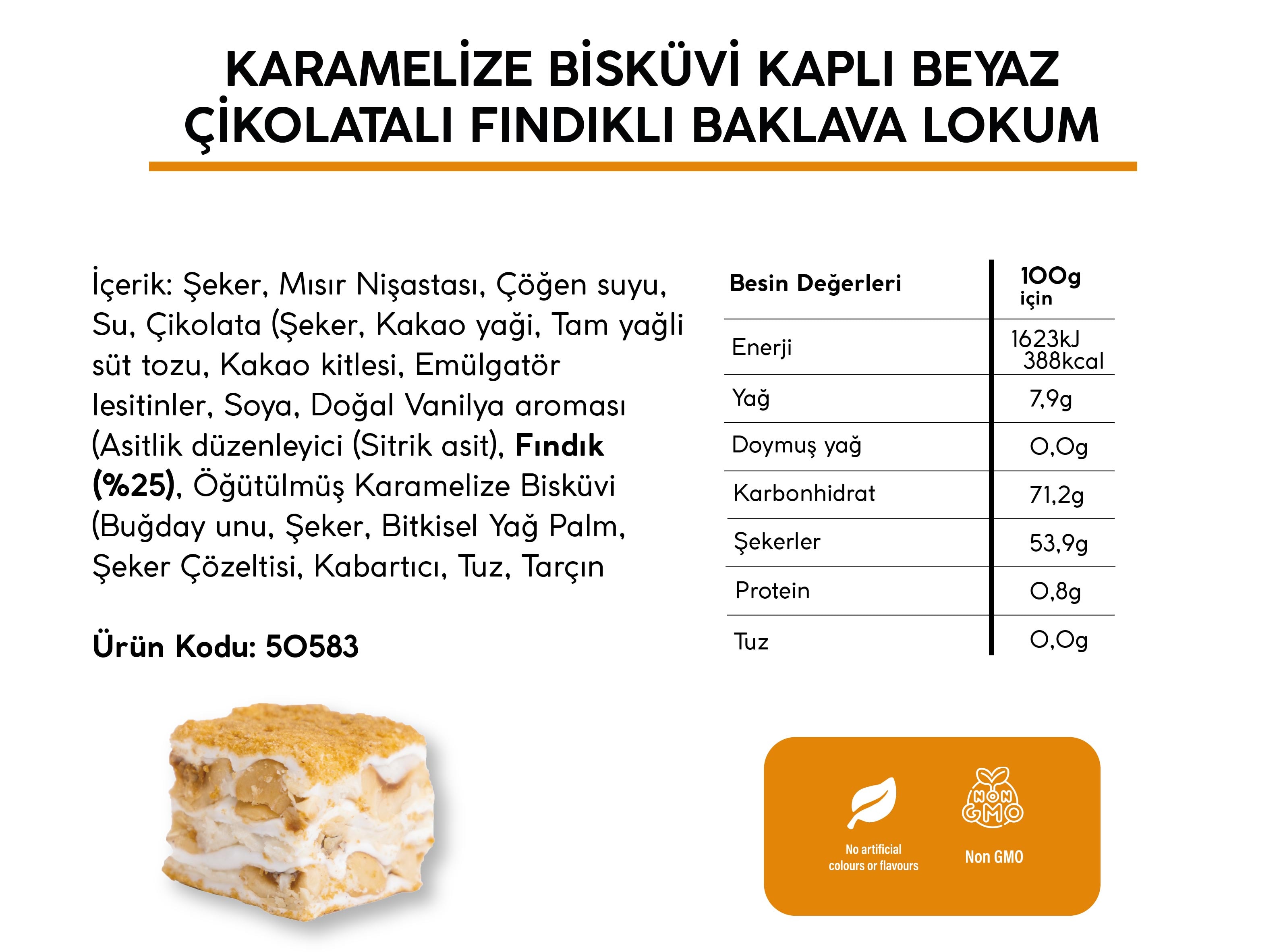 KARAMELİZE BİSKÜVİ KAPLI BEYAZ ÇİKOLATALALI FINDIKLI BAKLAVA LOKUM (5KG)