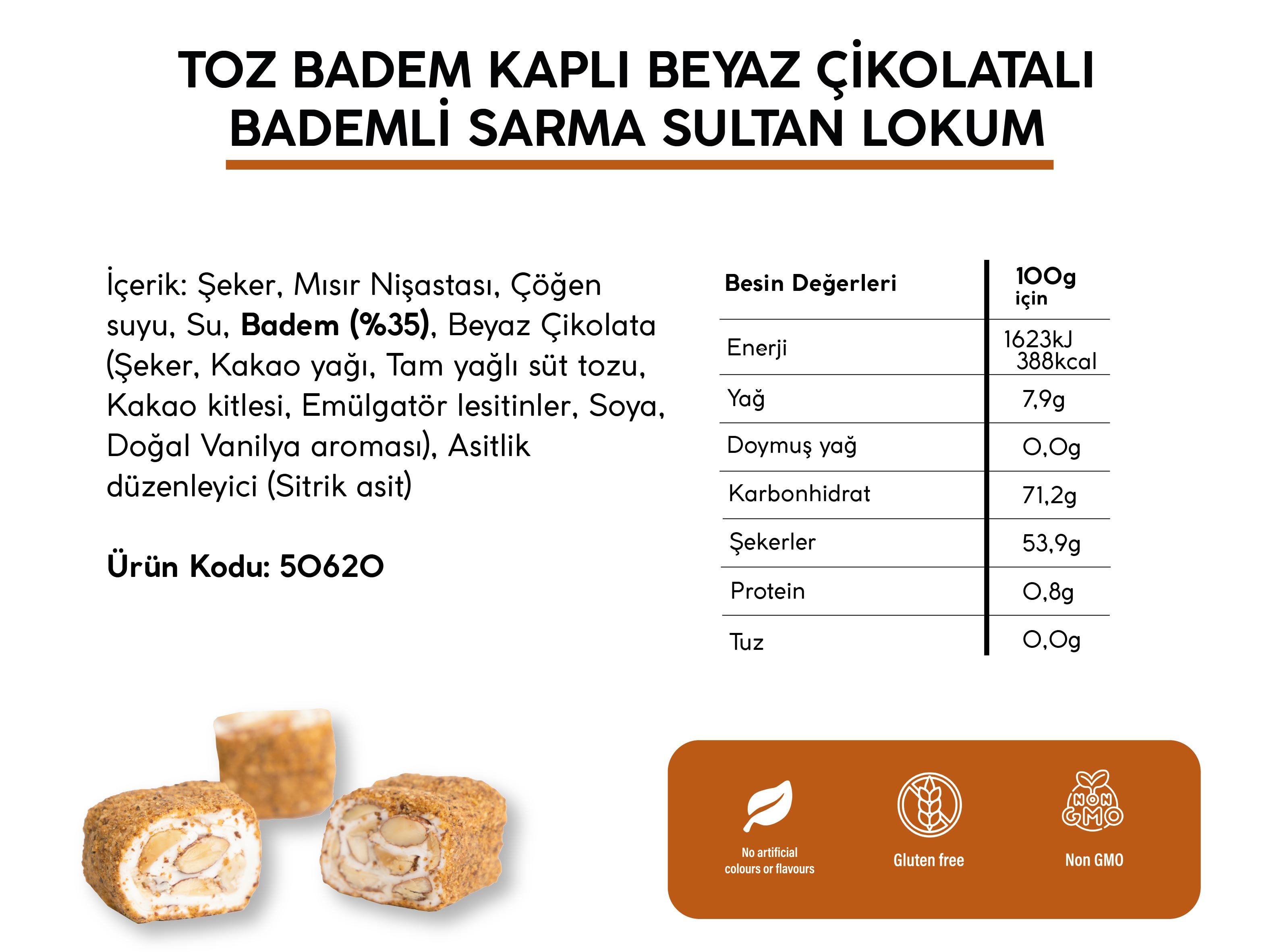 TOZ BADEM KAPLI BEYAZ ÇİKOLATALI BADEMLİ SARMA SULTAN LOKUM (5KG)