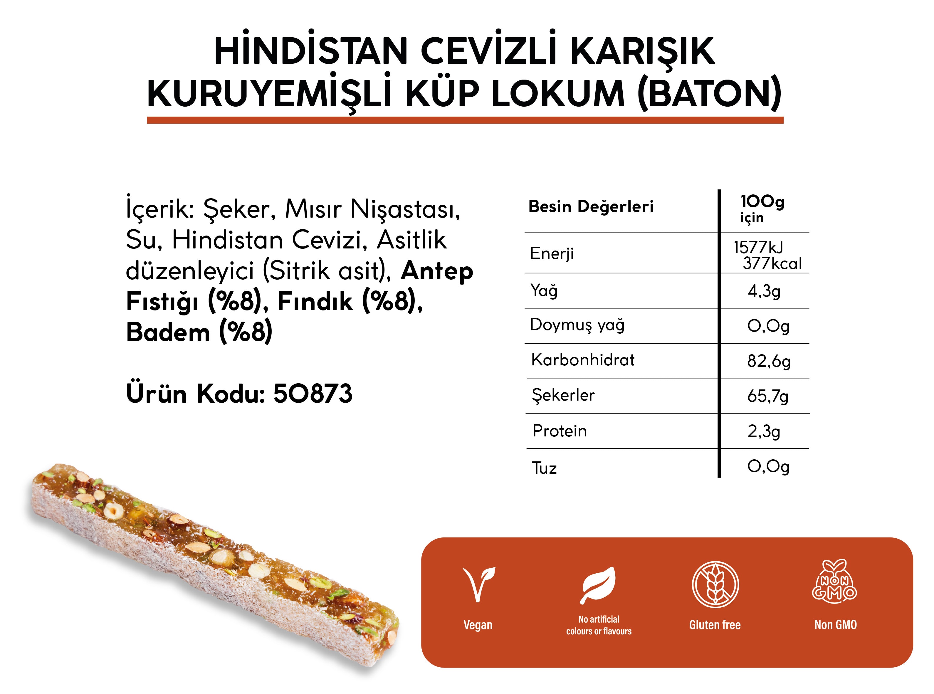 HİNDİSTAN CEVİZİ KAPLI KARIŞIK KURUYEMİŞLİ LOKUM *BATON* (5KG)