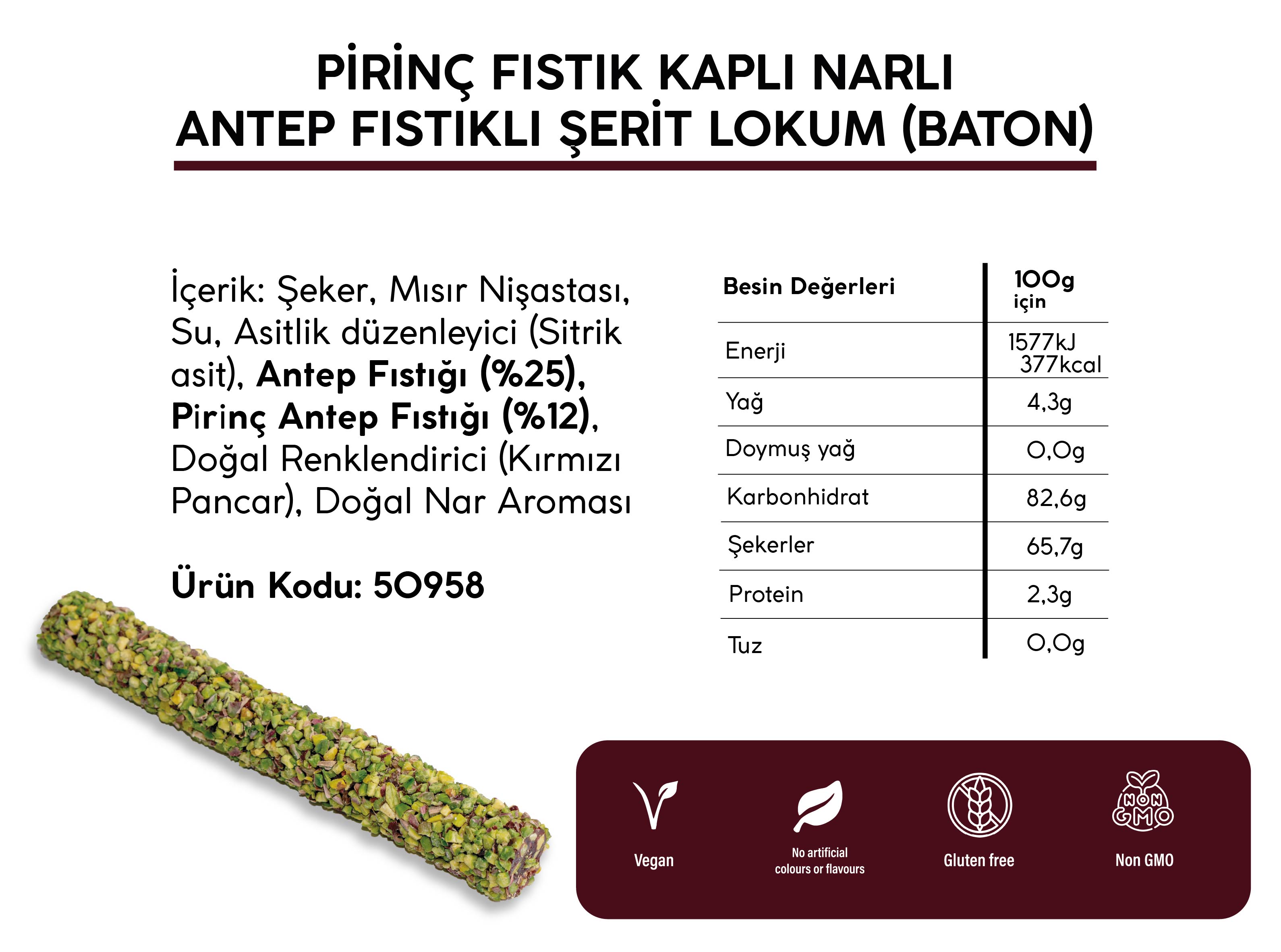 PİRİNÇ FISTIK KAPLI NARLI ANTEP FISTIKLI ŞERİT LOKUM *BATON* (5KG)