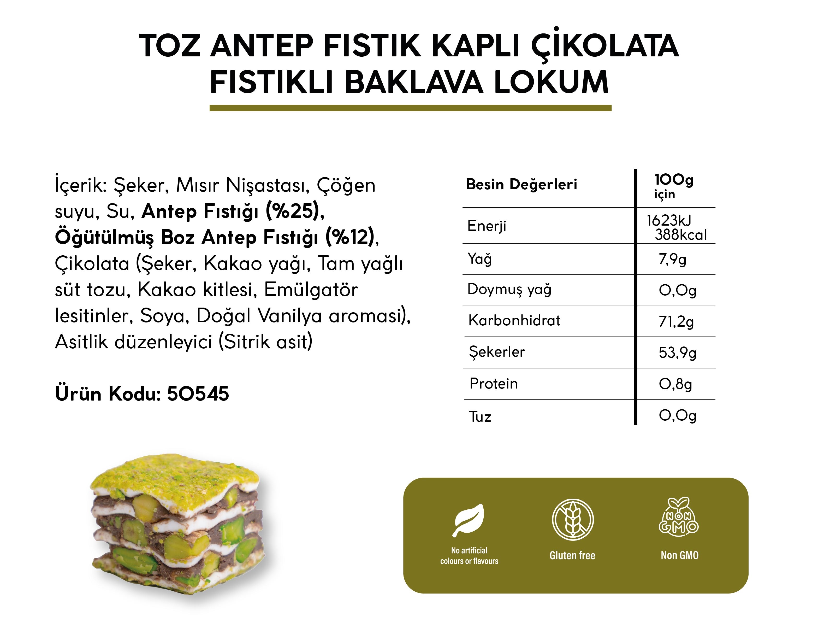 TOZ ANTEP FISTIK KAPLI ÇİKOLATA FISTIKLI BAKLAVA LOKUM (5KG)