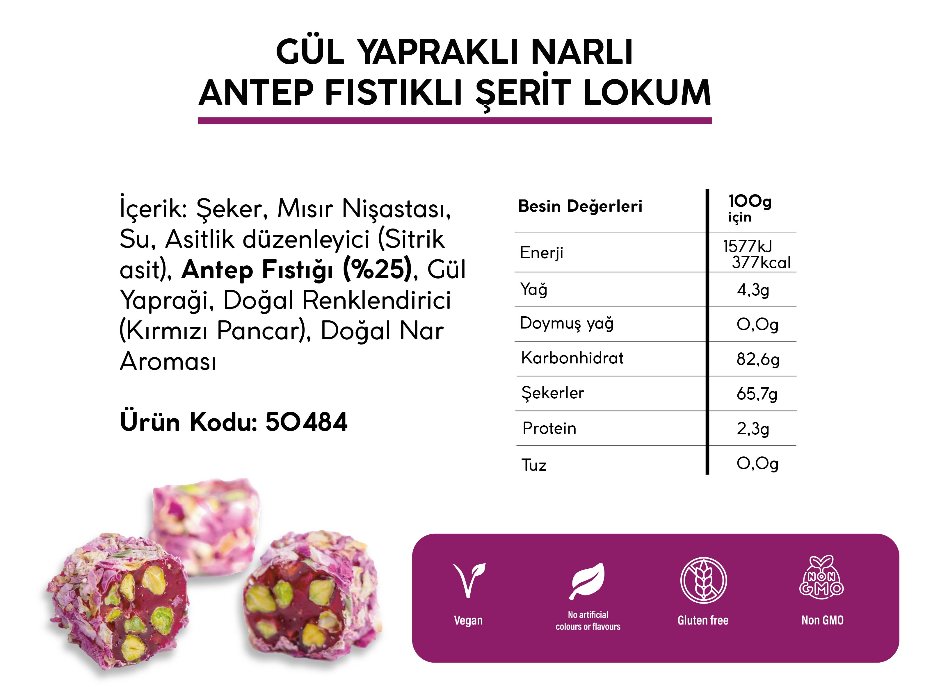 GÜL YAPRAKLI NARLI ANTEP FISTIKLI ŞERİT LOKUM (5KG)