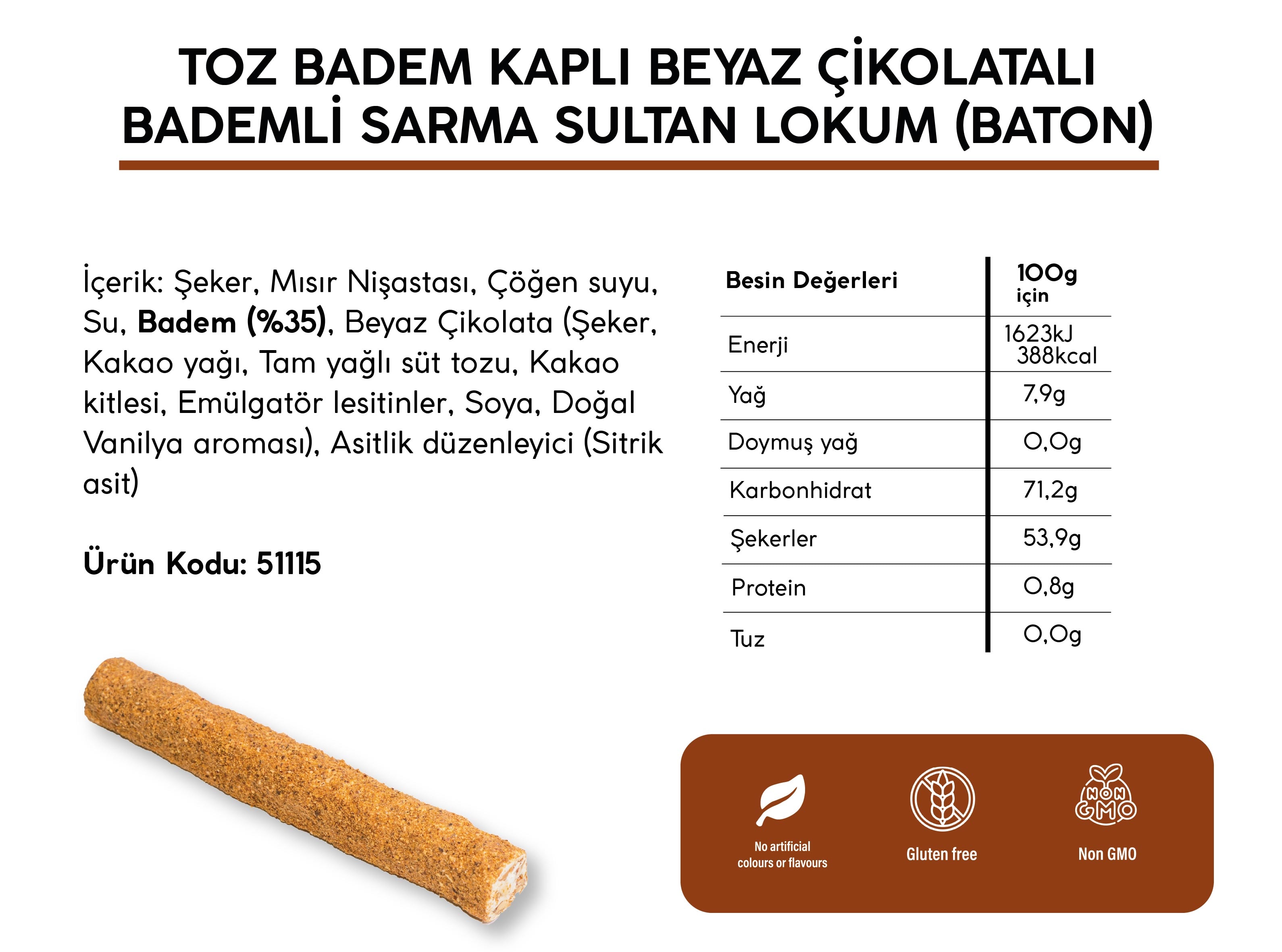 TOZ BADEM KAPLI BEYAZ ÇİKOLATALI BADEMLİ SARMA SULTAN LOKUM *BATON* (4KG)